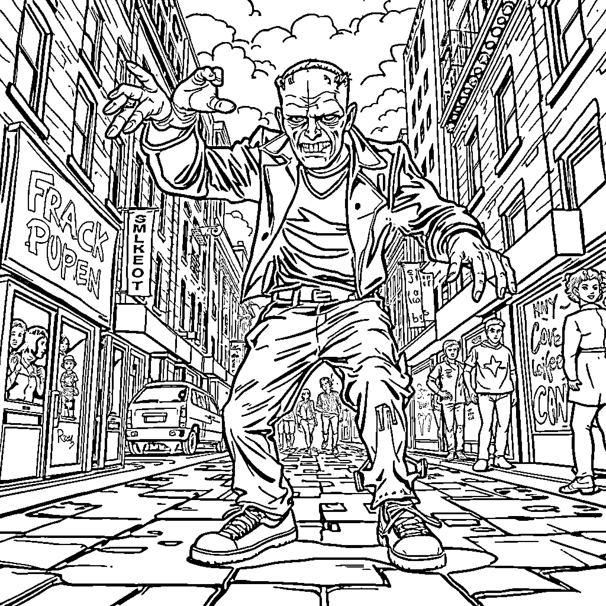 Frankenstein Running Through City Streets Coloring Page (free black-and-white line drawing printable PDF for all, from beginners to advanced learners, including children, teens, adults, and seniors)