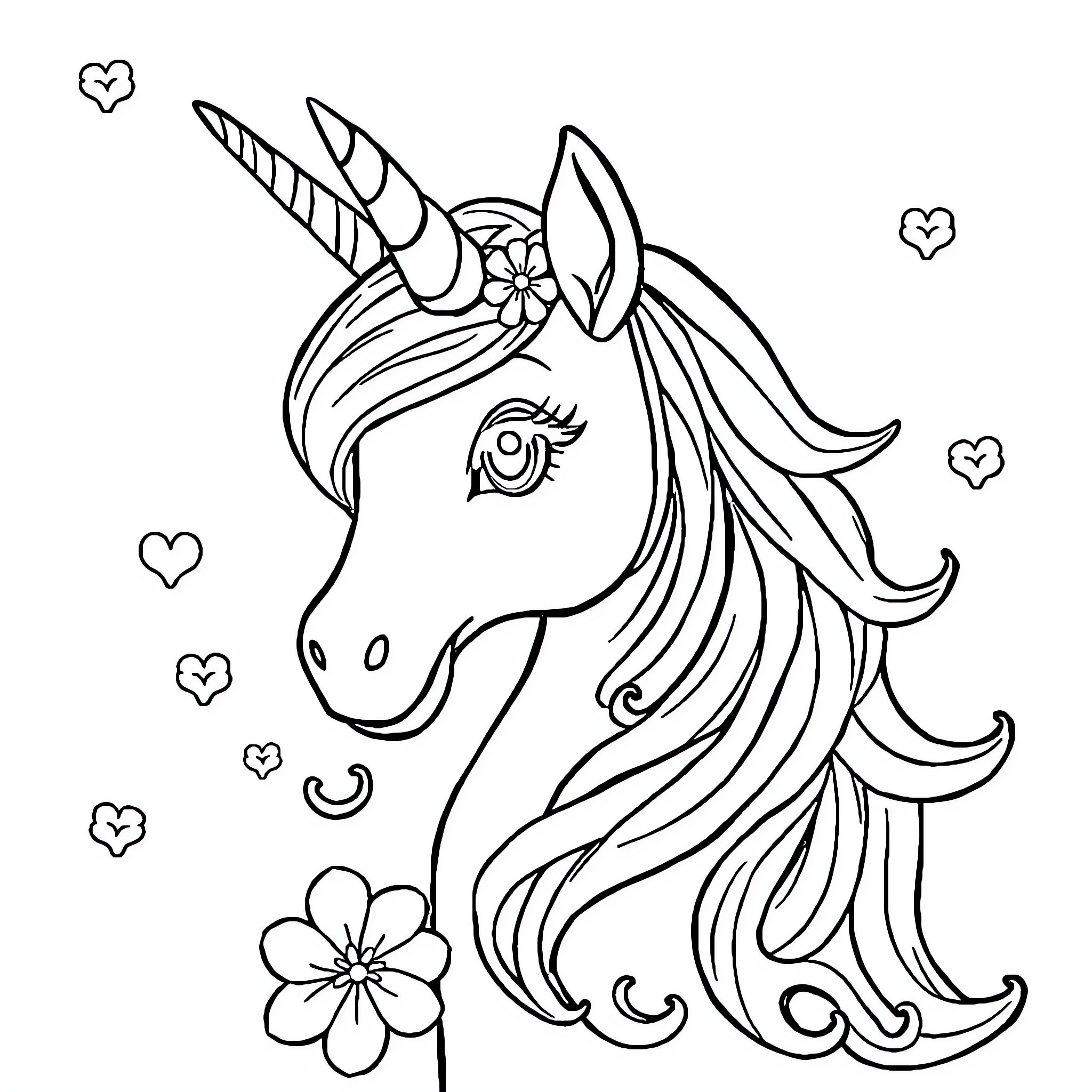 Unicorn with Flowing Mane and Enchanting Floral Accents Coloring Page (free black-and-white line drawing printable PDF for all, from beginners to advanced learners, including children, teens, adults, and seniors)