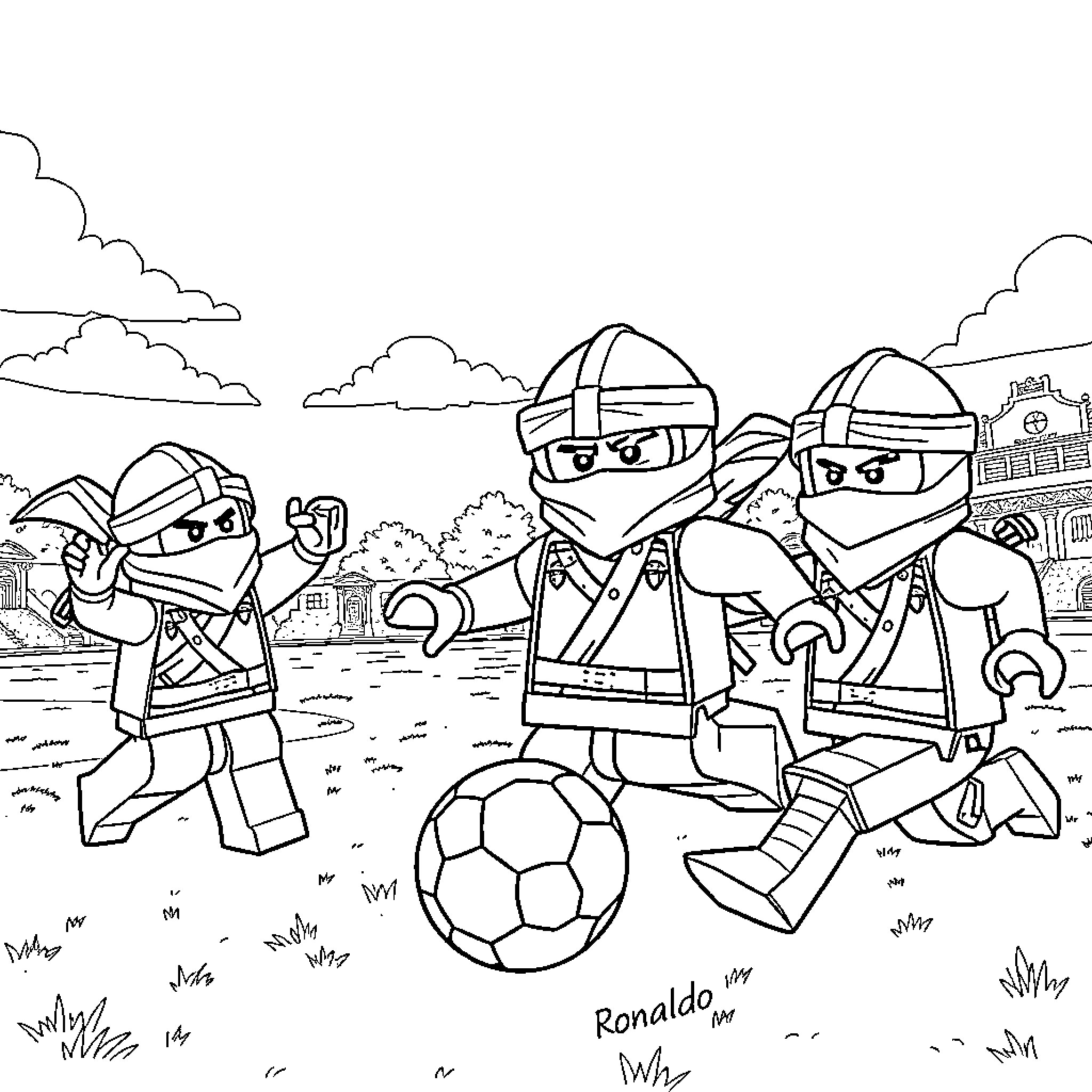 Ninjago Ninjas Battling and Playing Soccer Coloring Page (free black-and-white line drawing printable PDF for all, from beginners to advanced learners, including children, teens, adults, and seniors)