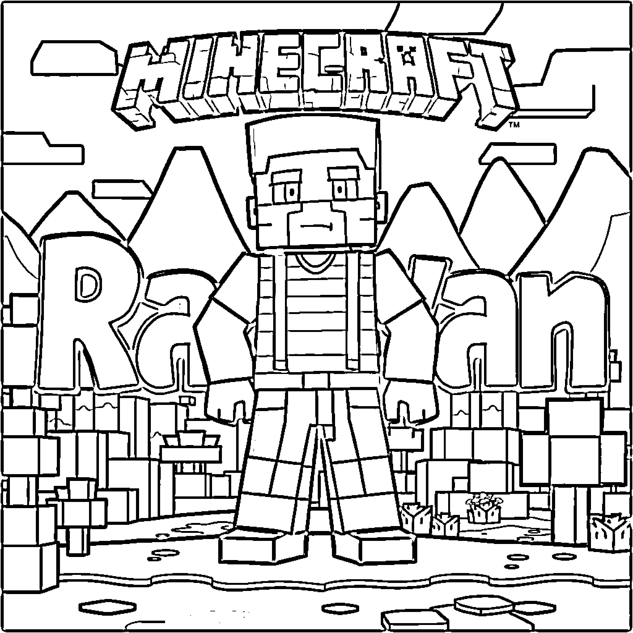 Steve's Adventure in the Minecraft Realm Coloring Page (free black-and-white line drawing printable PDF for all, from beginners to advanced learners, including children, teens, adults, and seniors)