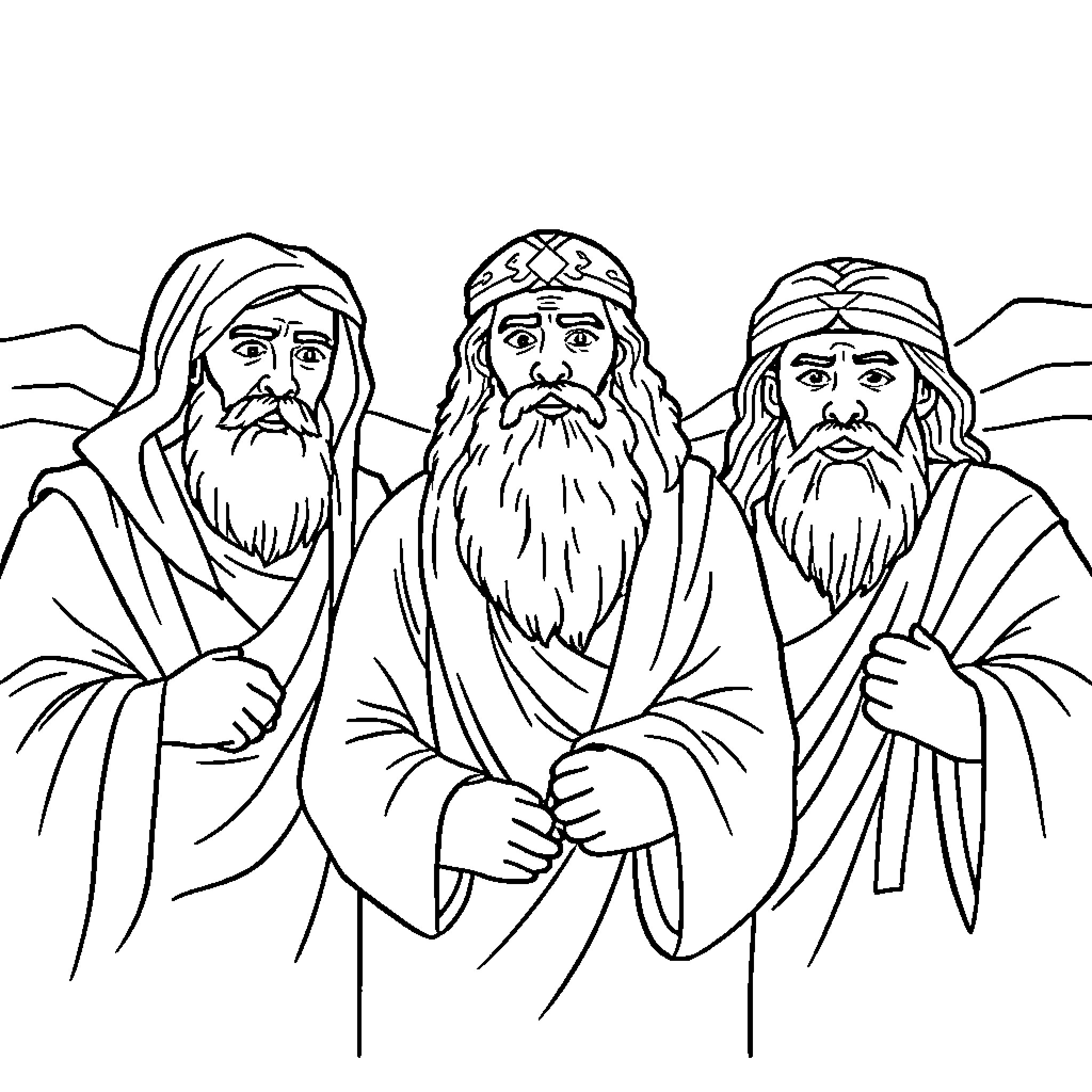 Father Figures in Robes Depicted in Line Drawing Coloring Page (free black-and-white line drawing printable PDF for all, from beginners to advanced learners, including children, teens, adults, and seniors)