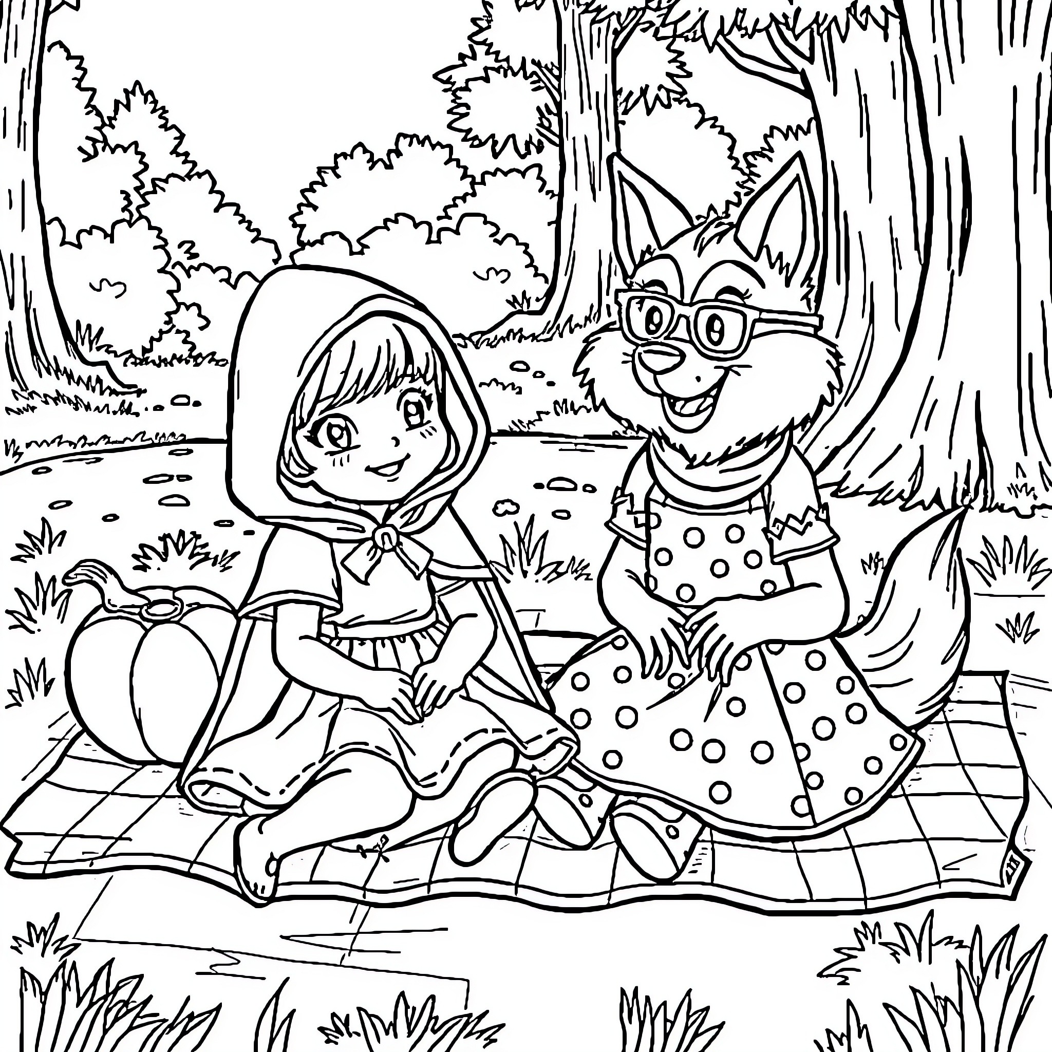 Little Red Riding Hood and the Friendly Wolf in the Forest Coloring Page (free black-and-white line drawing printable PDF for all, from beginners to advanced learners, including children, teens, adults, and seniors)