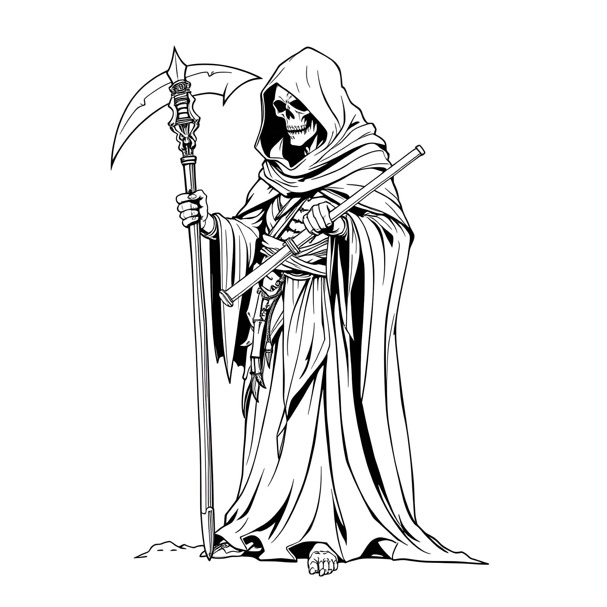Grim Reaper wielding a scythe in dark attire Coloring Page (free black-and-white line drawing printable PDF for all, from beginners to advanced learners, including children, teens, adults, and seniors)