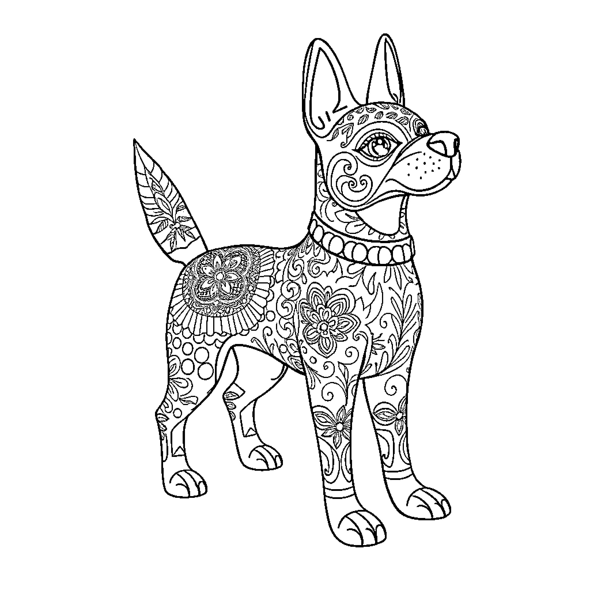Alebrije - Ornamental Dog with Intricate Patterns Coloring Page (free black-and-white line drawing printable PDF for all, from beginners to advanced learners, including children, teens, adults, and seniors)