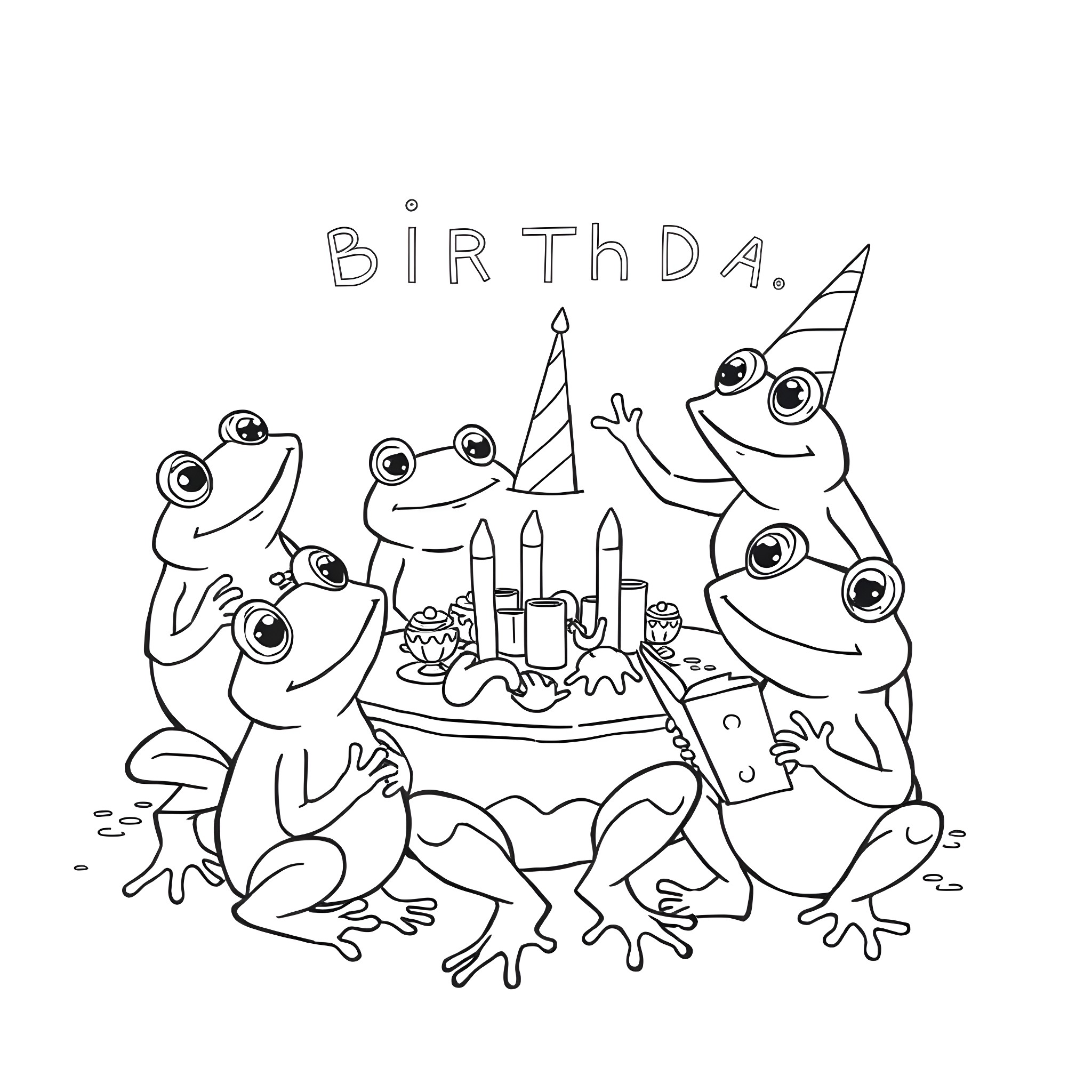 Frogs celebrating a birthday party Coloring Page (free black-and-white line drawing printable PDF for all, from beginners to advanced learners, including children, teens, adults, and seniors)