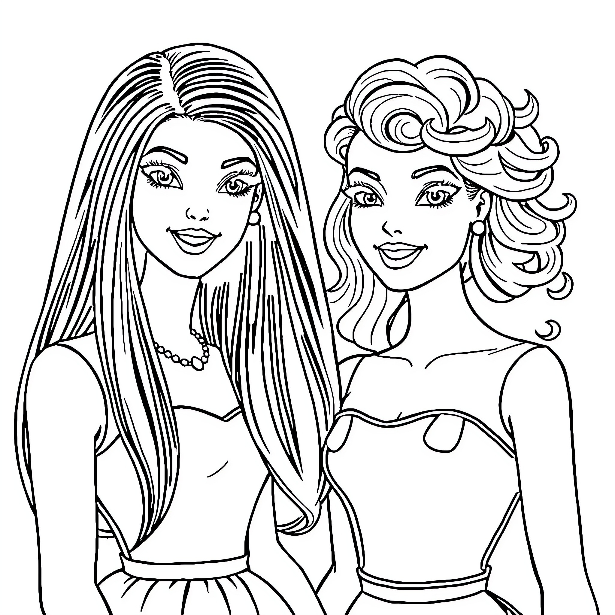 Barbie friends posing and smiling happily Coloring Page (free black-and-white line drawing printable PDF for all, from beginners to advanced learners, including children, teens, adults, and seniors)