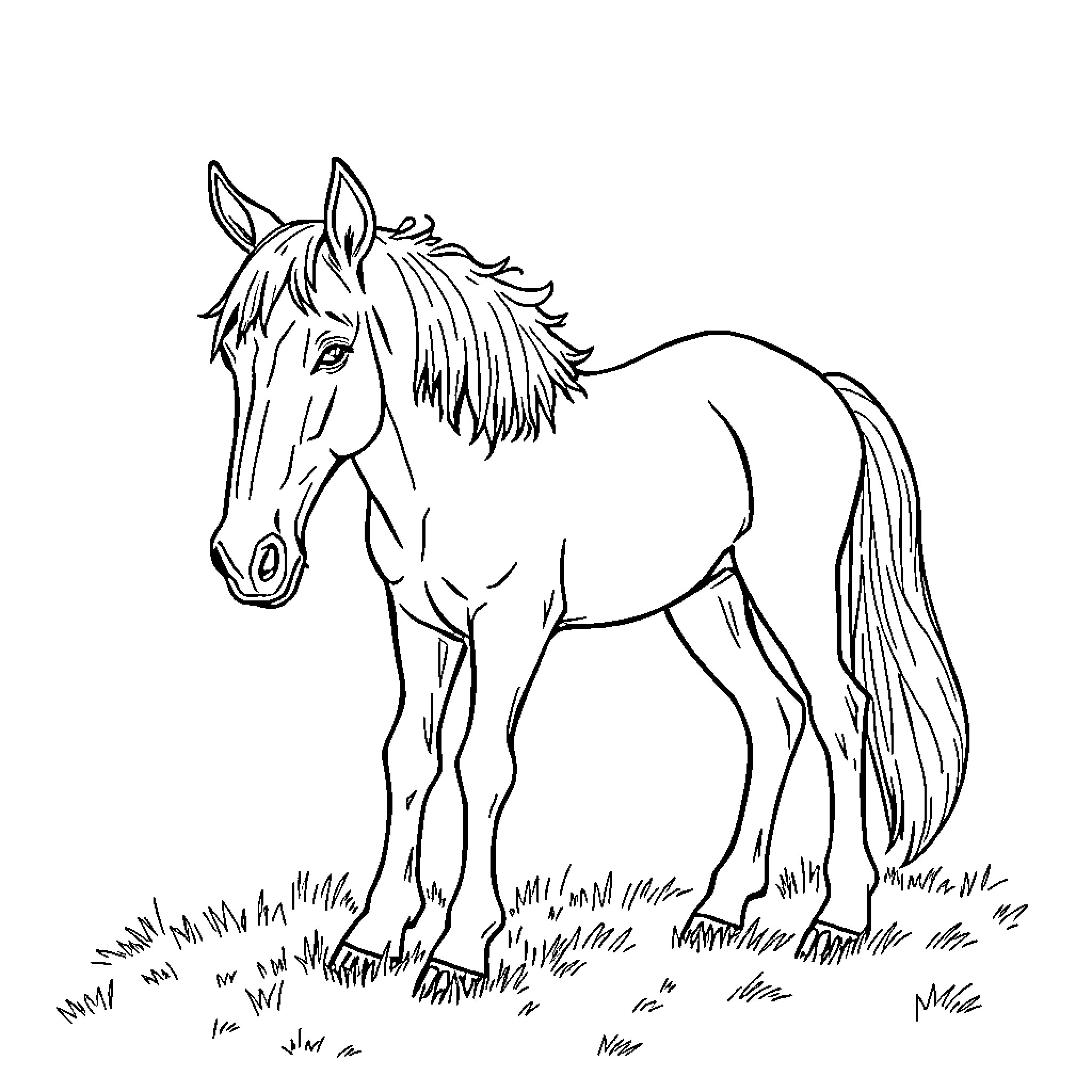 Chicken standing in grassy field Coloring Page (free black-and-white line drawing printable PDF for all, from beginners to advanced learners, including children, teens, adults, and seniors)