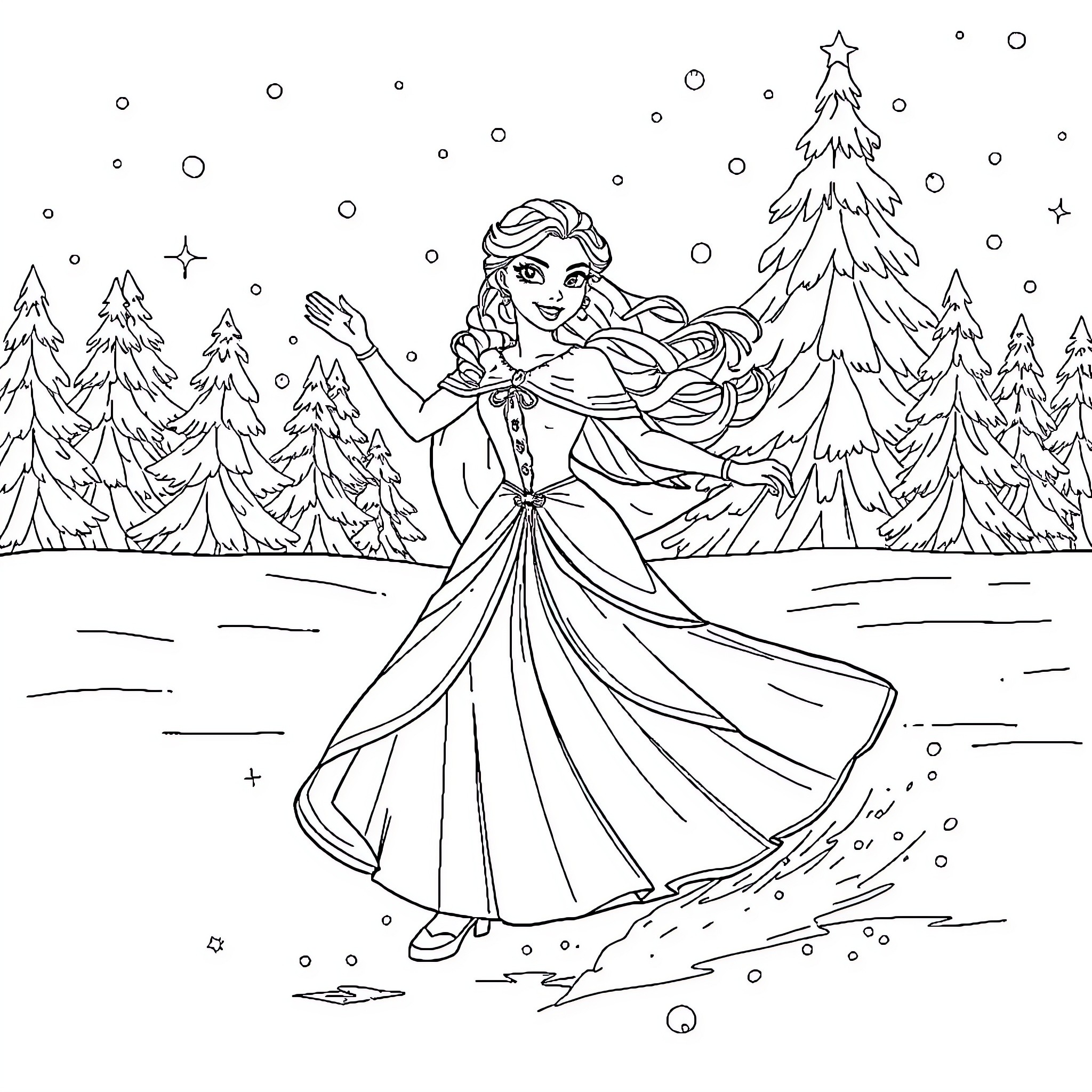 Queen dancing gracefully in winter wonderland Coloring Page (free black-and-white line drawing printable PDF for all, from beginners to advanced learners, including children, teens, adults, and seniors)