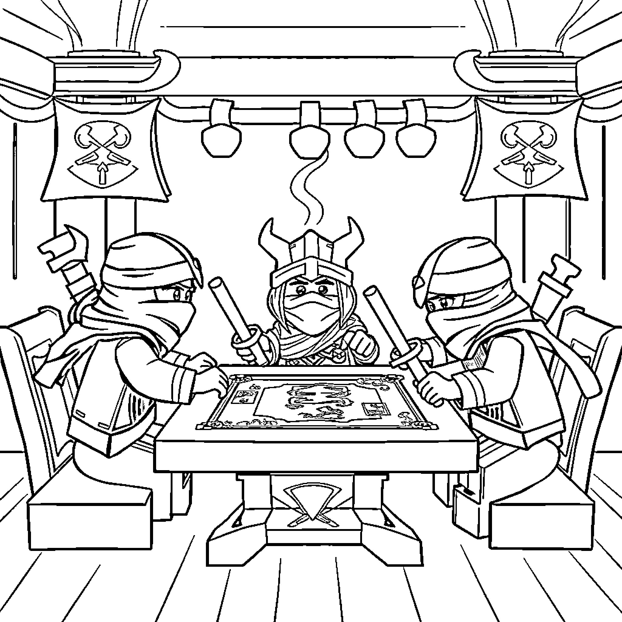 Ninjago Ninjas Strategizing and Planning Coloring Page (free black-and-white line drawing printable PDF for all, from beginners to advanced learners, including children, teens, adults, and seniors)
