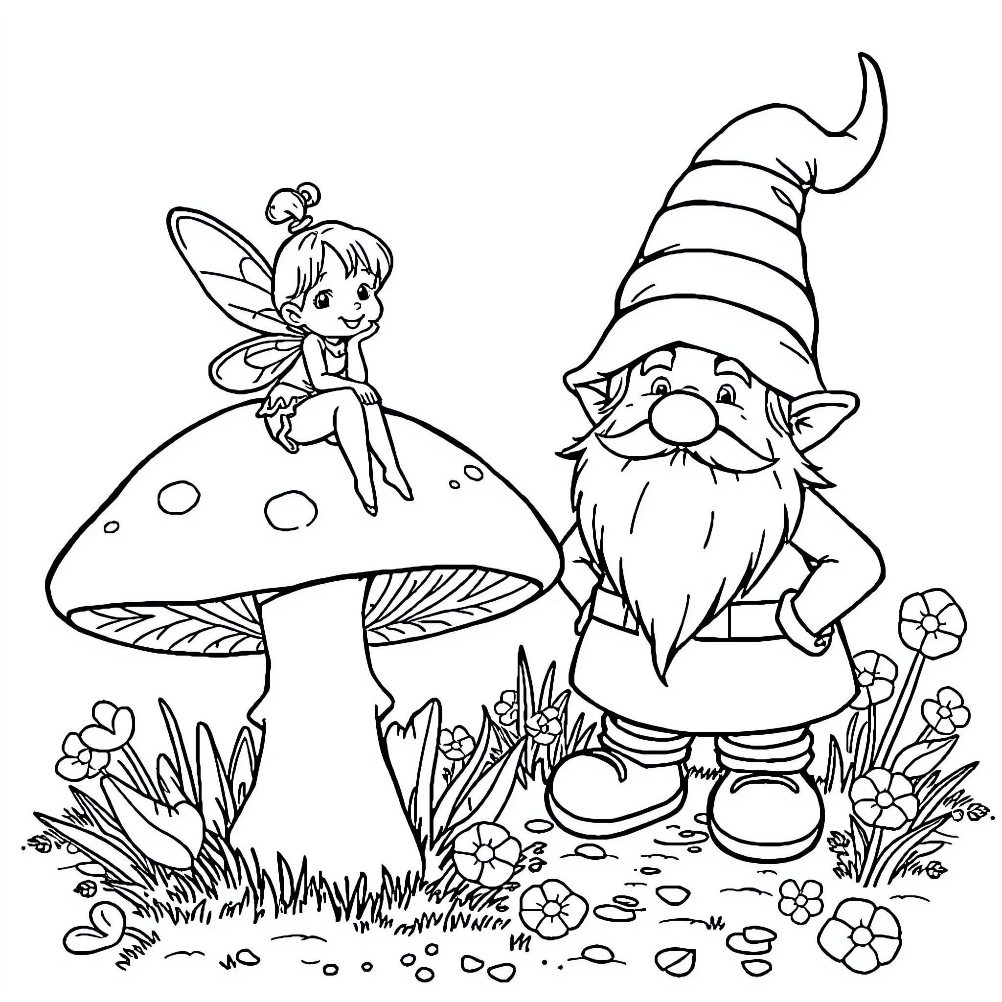Fairy and Gnome Exploring Mushroom Garden Coloring Page (free black-and-white line drawing printable PDF for all, from beginners to advanced learners, including children, teens, adults, and seniors)
