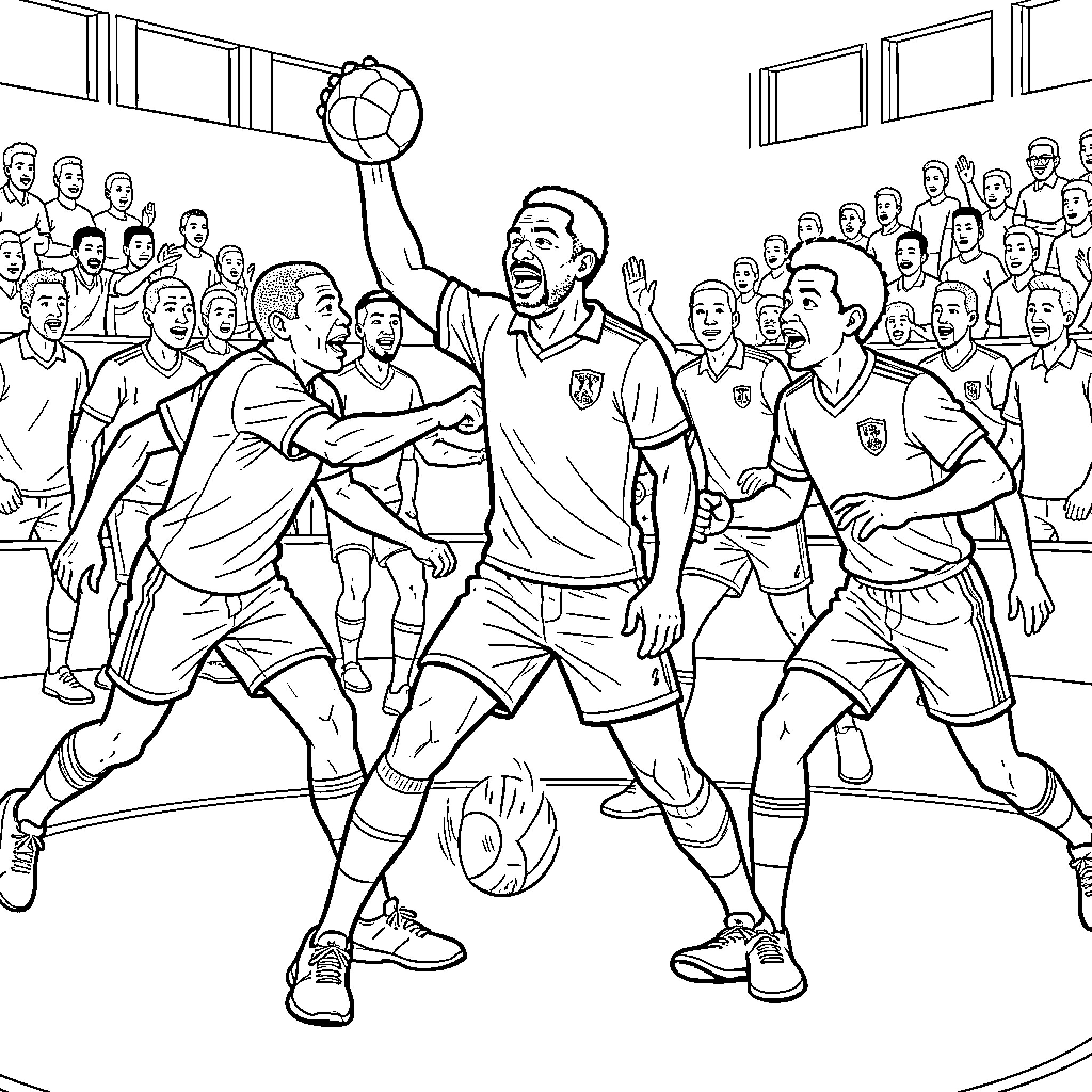Denis Sassou Nguesso playing handball with a group of athletes Coloring Page (free black-and-white line drawing printable PDF for all, from beginners to advanced learners, including children, teens, adults, and seniors)