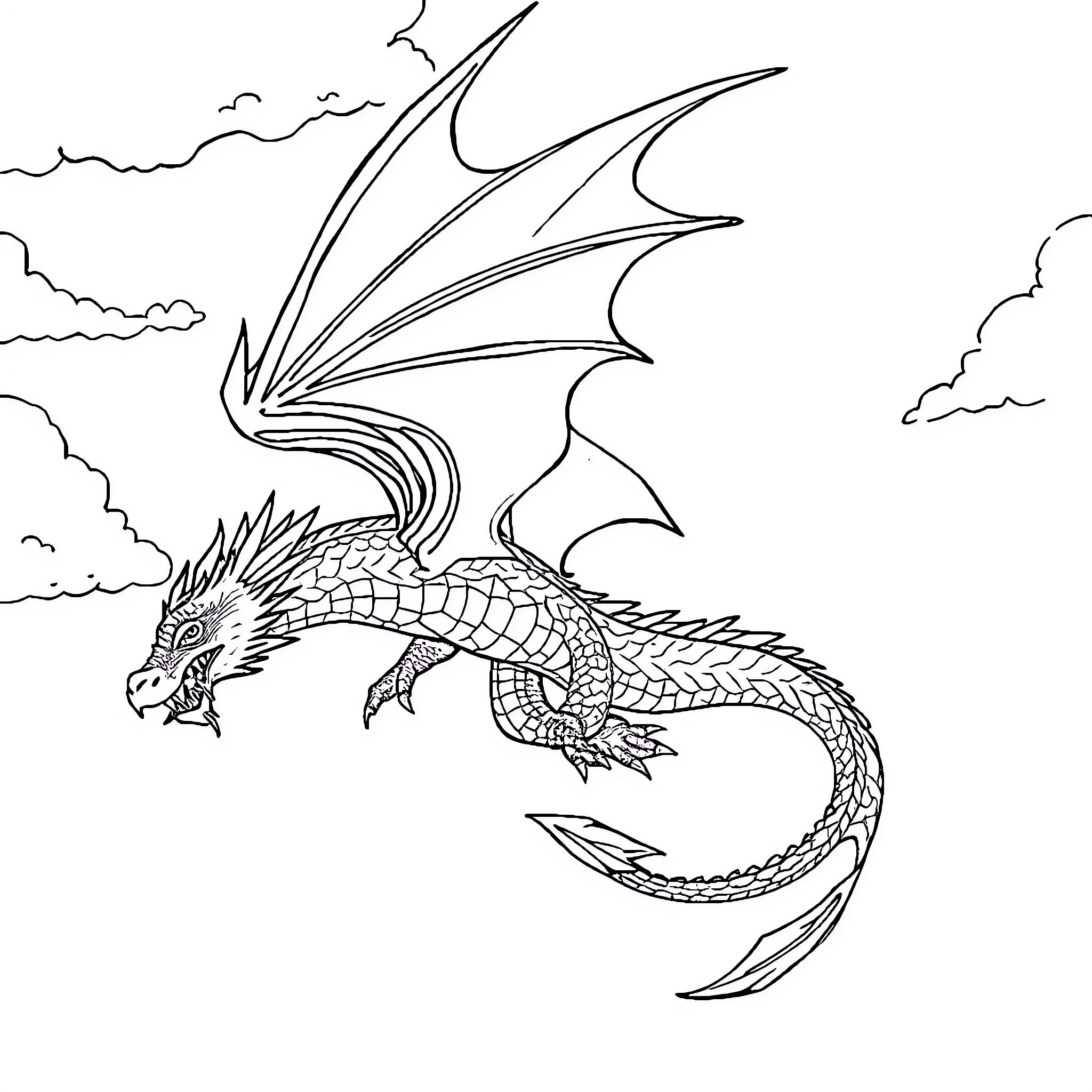 Dragon in flight over cloudy sky Coloring Page (free black-and-white line drawing printable PDF for all, from beginners to advanced learners, including children, teens, adults, and seniors)