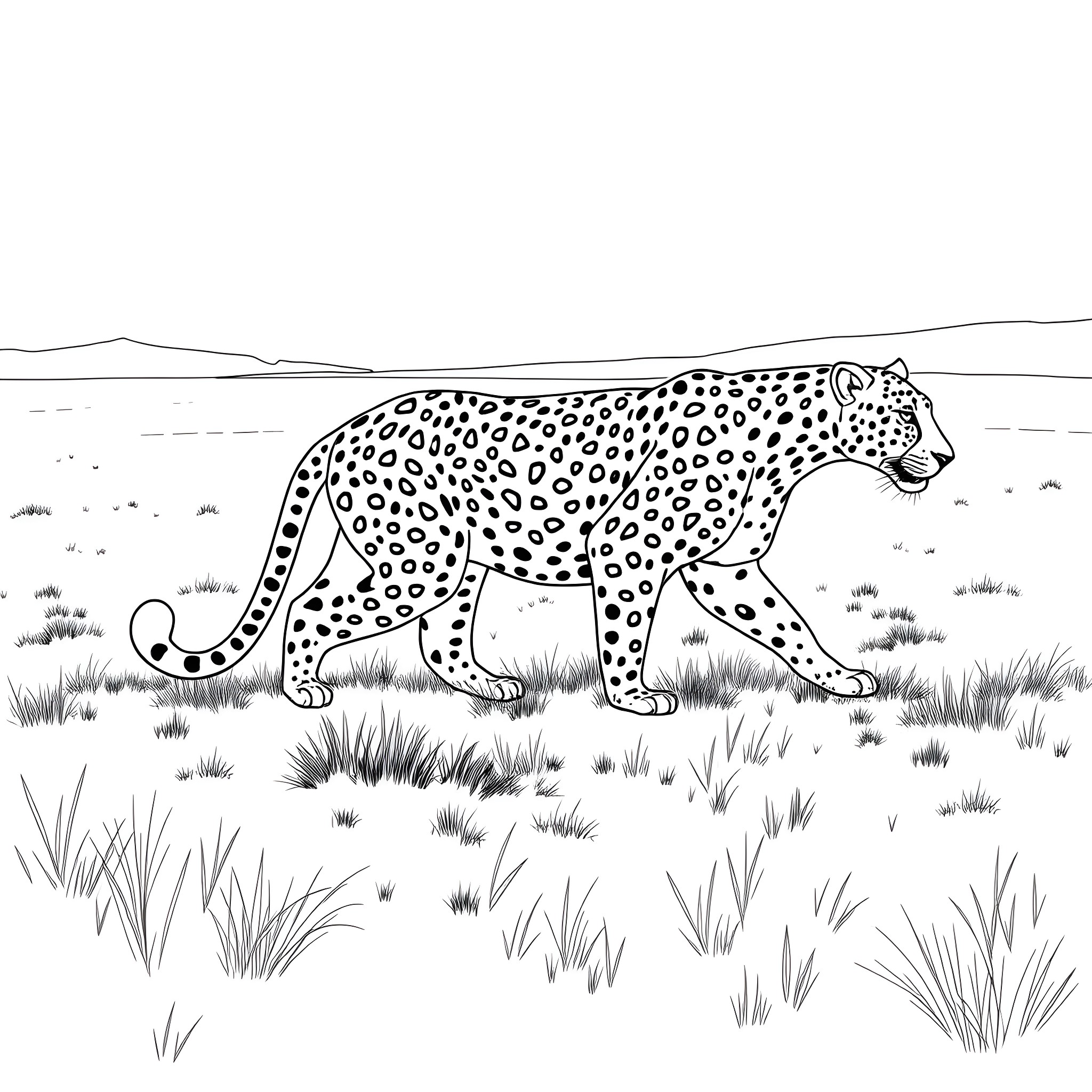 Leopard stalking cautiously through the grasslands Coloring Page (free black-and-white line drawing printable PDF for all, from beginners to advanced learners, including children, teens, adults, and seniors)