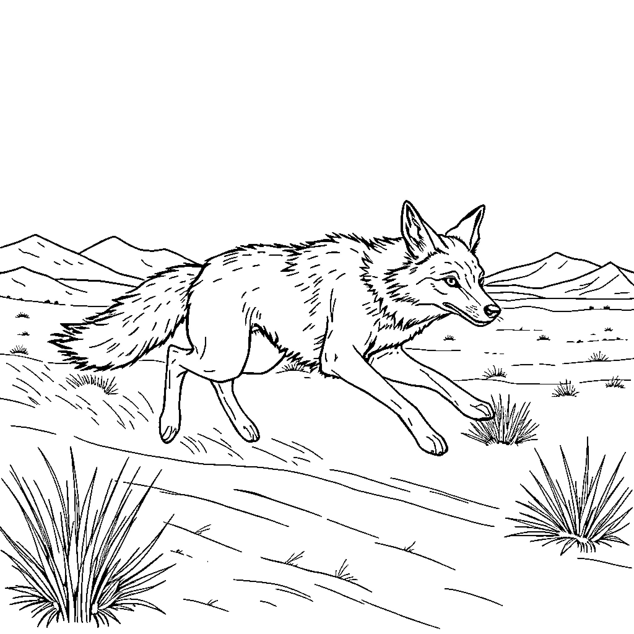 Coyote running across the desert landscape Coloring Page (free black-and-white line drawing printable PDF for all, from beginners to advanced learners, including children, teens, adults, and seniors)
