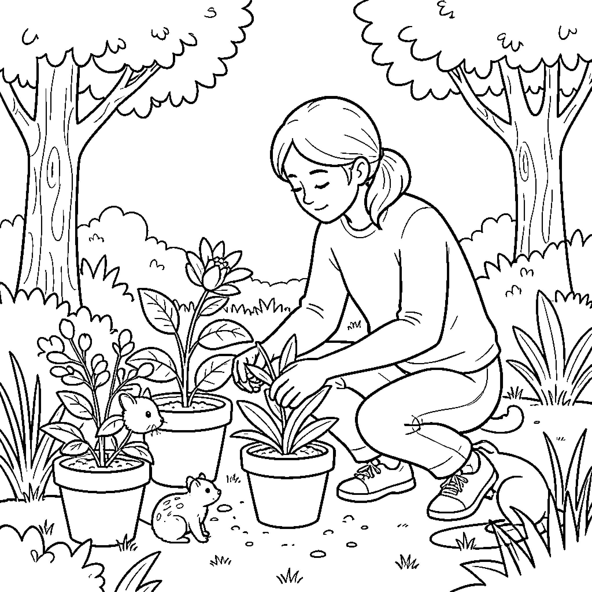 Entorno de una joven cuidando plantas en un jardín Coloring Page (free black-and-white line drawing printable PDF for all, from beginners to advanced learners, including children, teens, adults, and seniors)