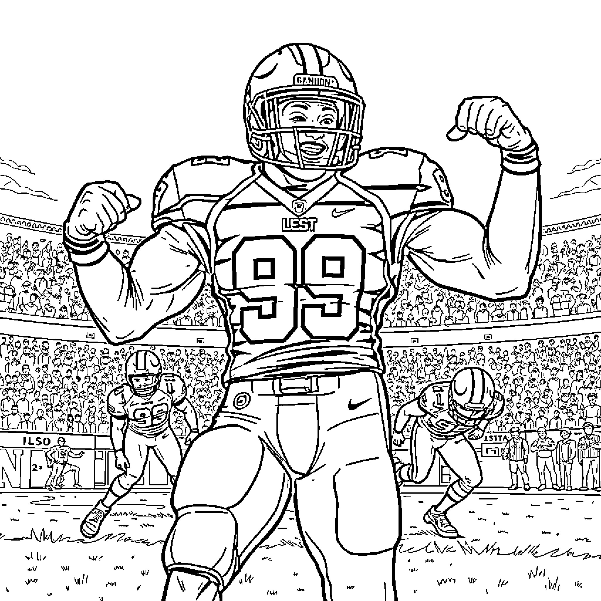 Football Player Celebrating Victory on the Field Coloring Page (free black-and-white line drawing printable PDF for all, from beginners to advanced learners, including children, teens, adults, and seniors)