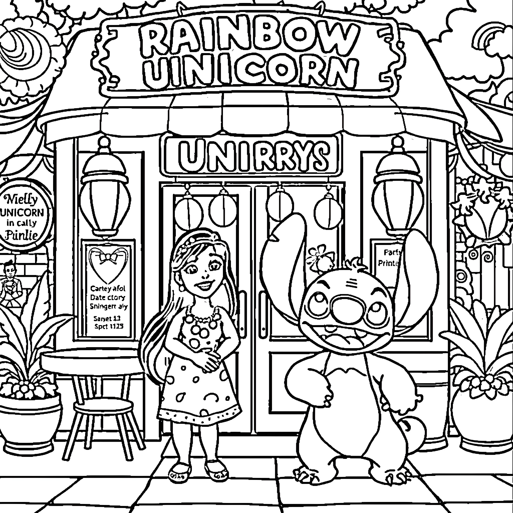 Lilo and Stitch at a Rainbow Unicorn Unirrys Store Coloring Page (free black-and-white line drawing printable PDF for all, from beginners to advanced learners, including children, teens, adults, and seniors)