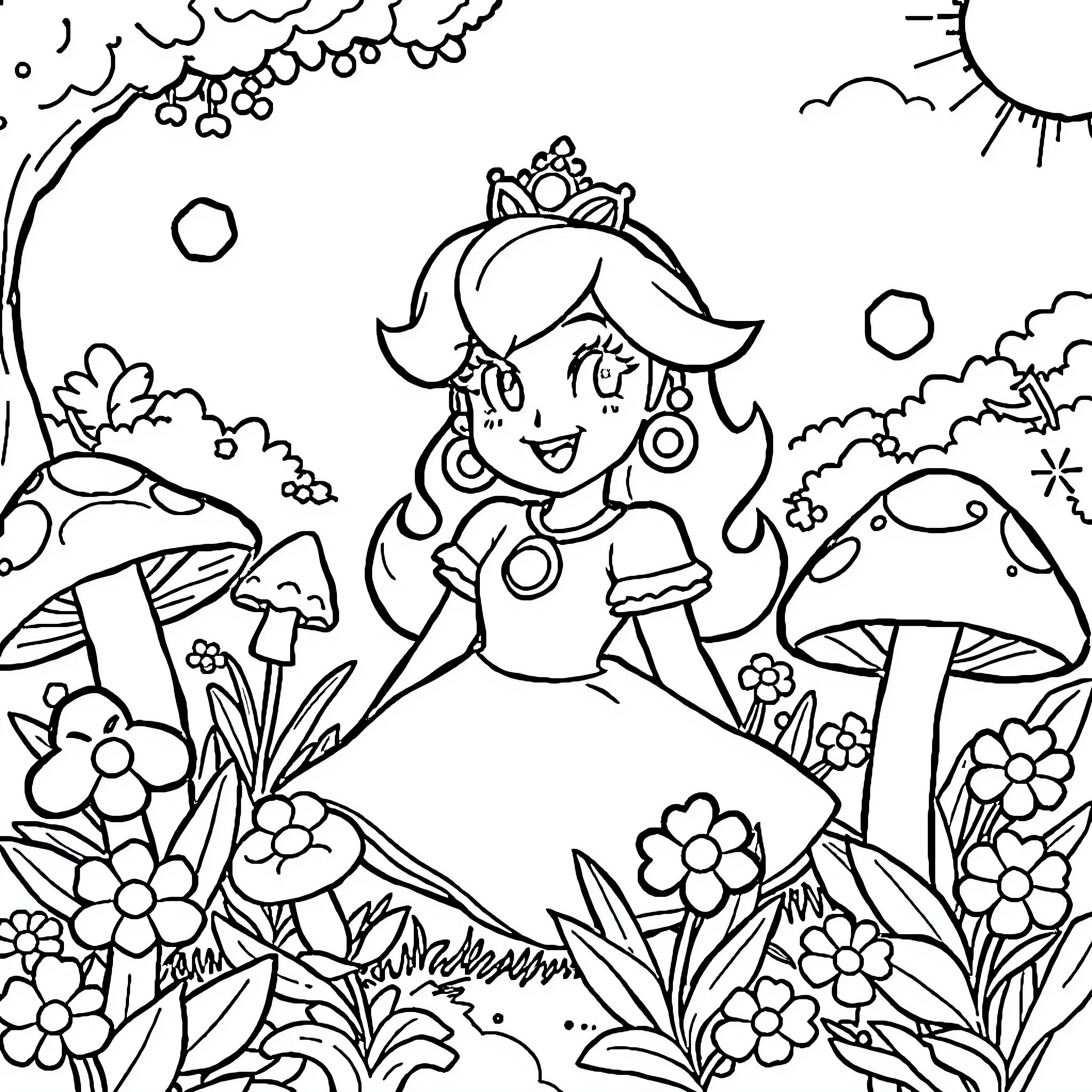 Princess in a Magical Forest Wonderland Coloring Page (free black-and-white line drawing printable PDF for all, from beginners to advanced learners, including children, teens, adults, and seniors)