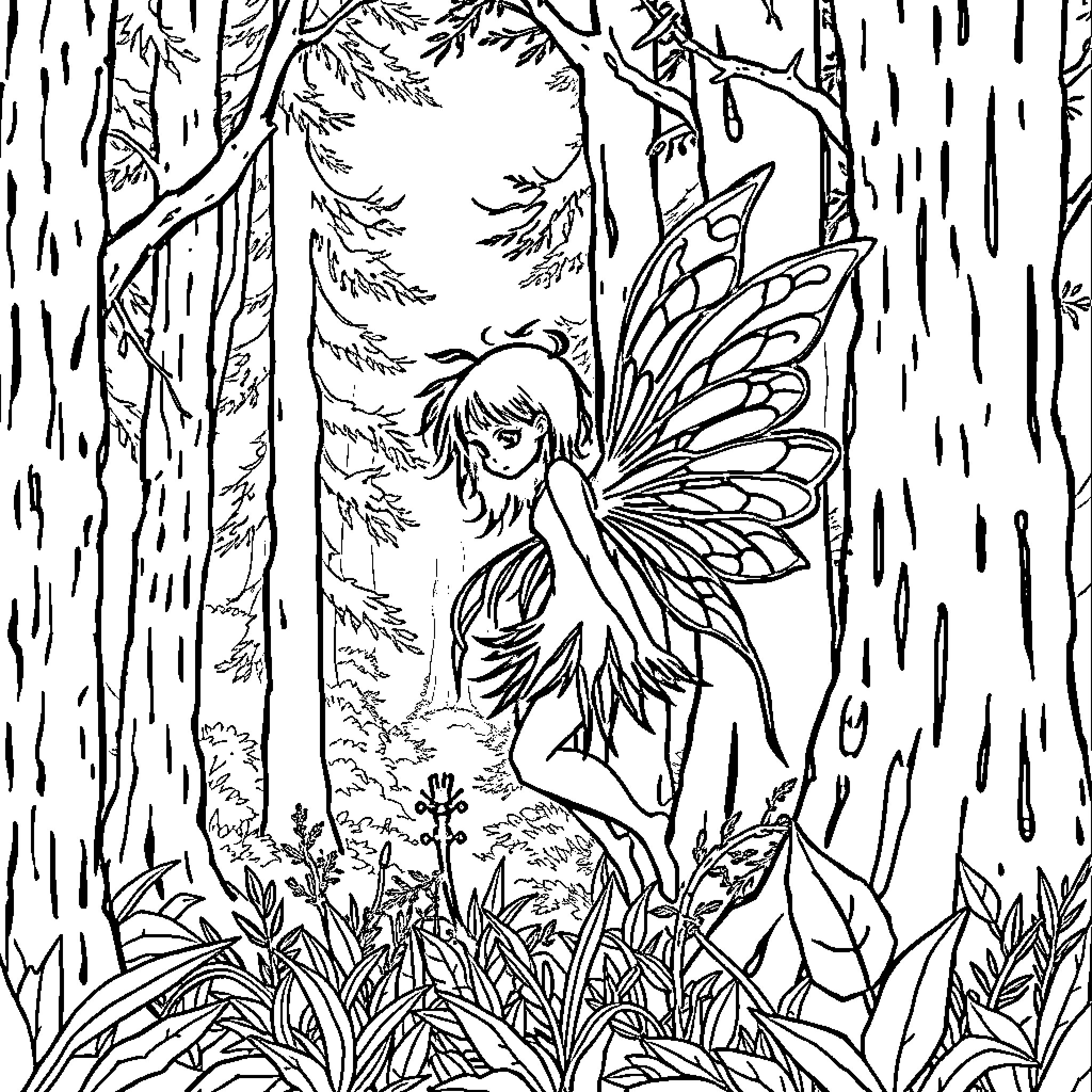 Fairy exploring enchanted forest Coloring Page (free black-and-white line drawing printable PDF for all, from beginners to advanced learners, including children, teens, adults, and seniors)