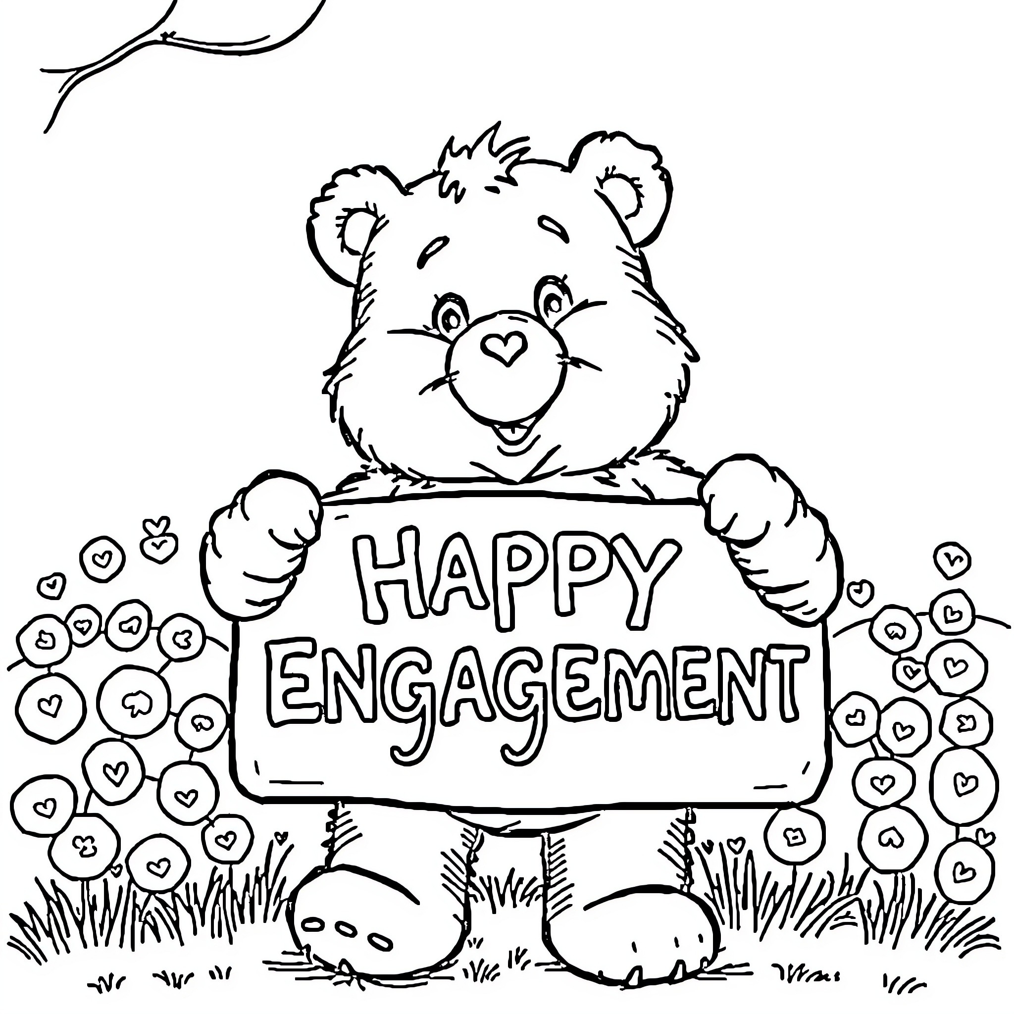 Care Bear celebrating happy engagement with hearts Coloring Page (free black-and-white line drawing printable PDF for all, from beginners to advanced learners, including children, teens, adults, and seniors)