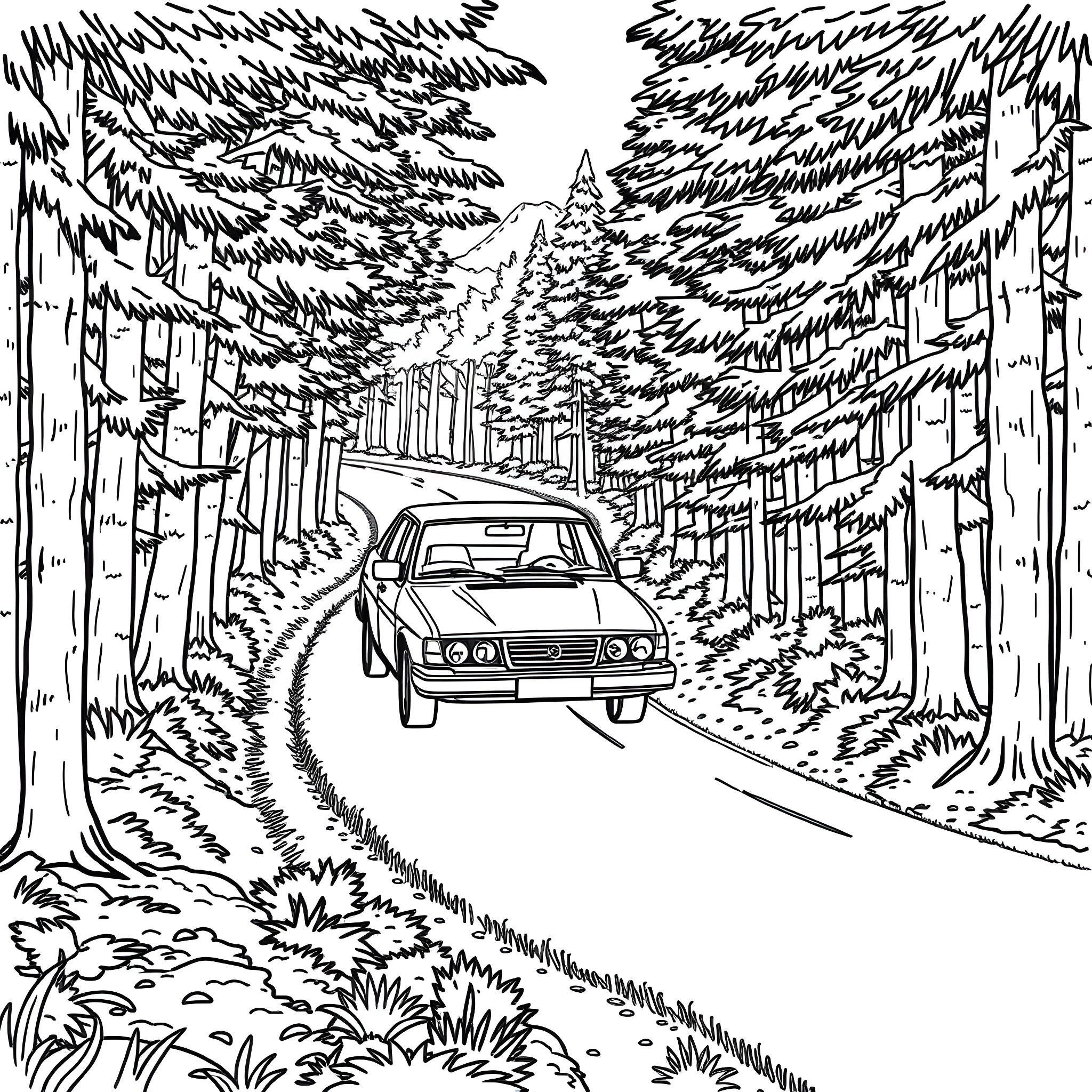 Saab driving through the snowy forest Coloring Page (free black-and-white line drawing printable PDF for all, from beginners to advanced learners, including children, teens, adults, and seniors)