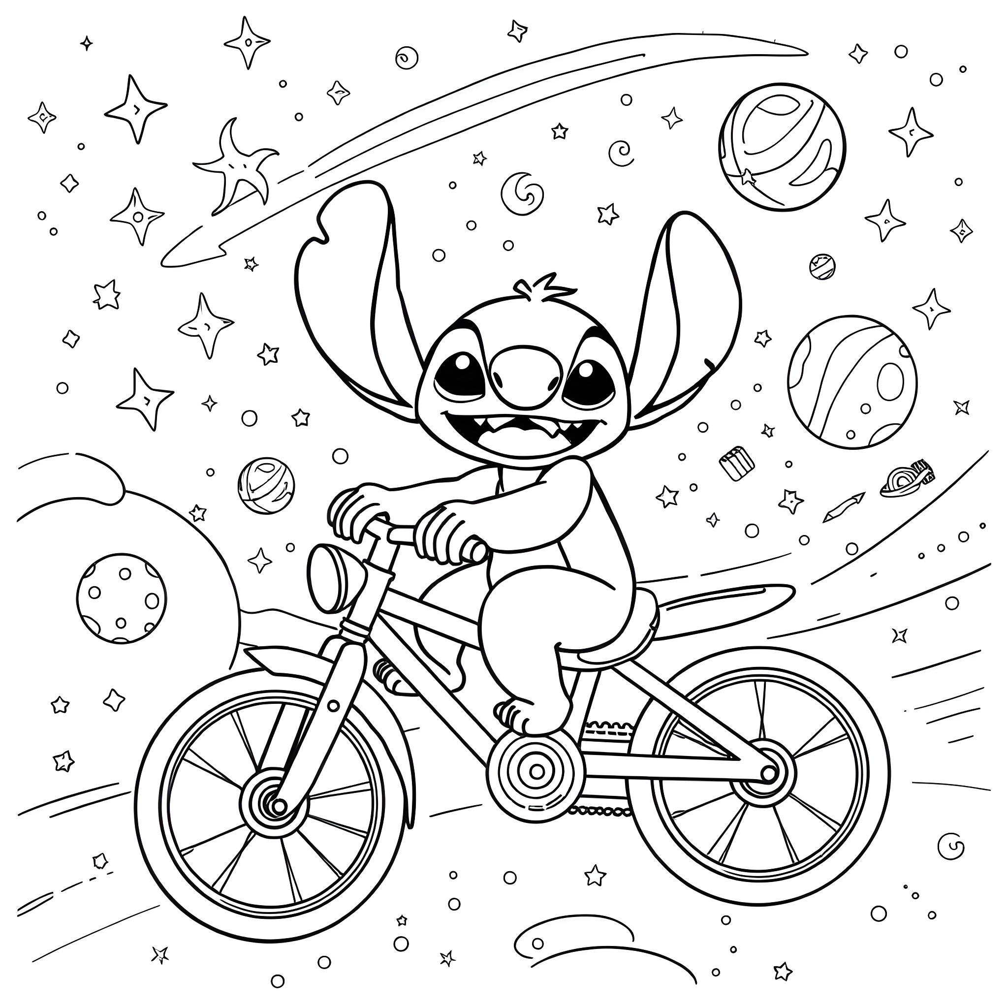 Stitch riding a bicycle in space Coloring Page (free black-and-white line drawing printable PDF for all, from beginners to advanced learners, including children, teens, adults, and seniors)