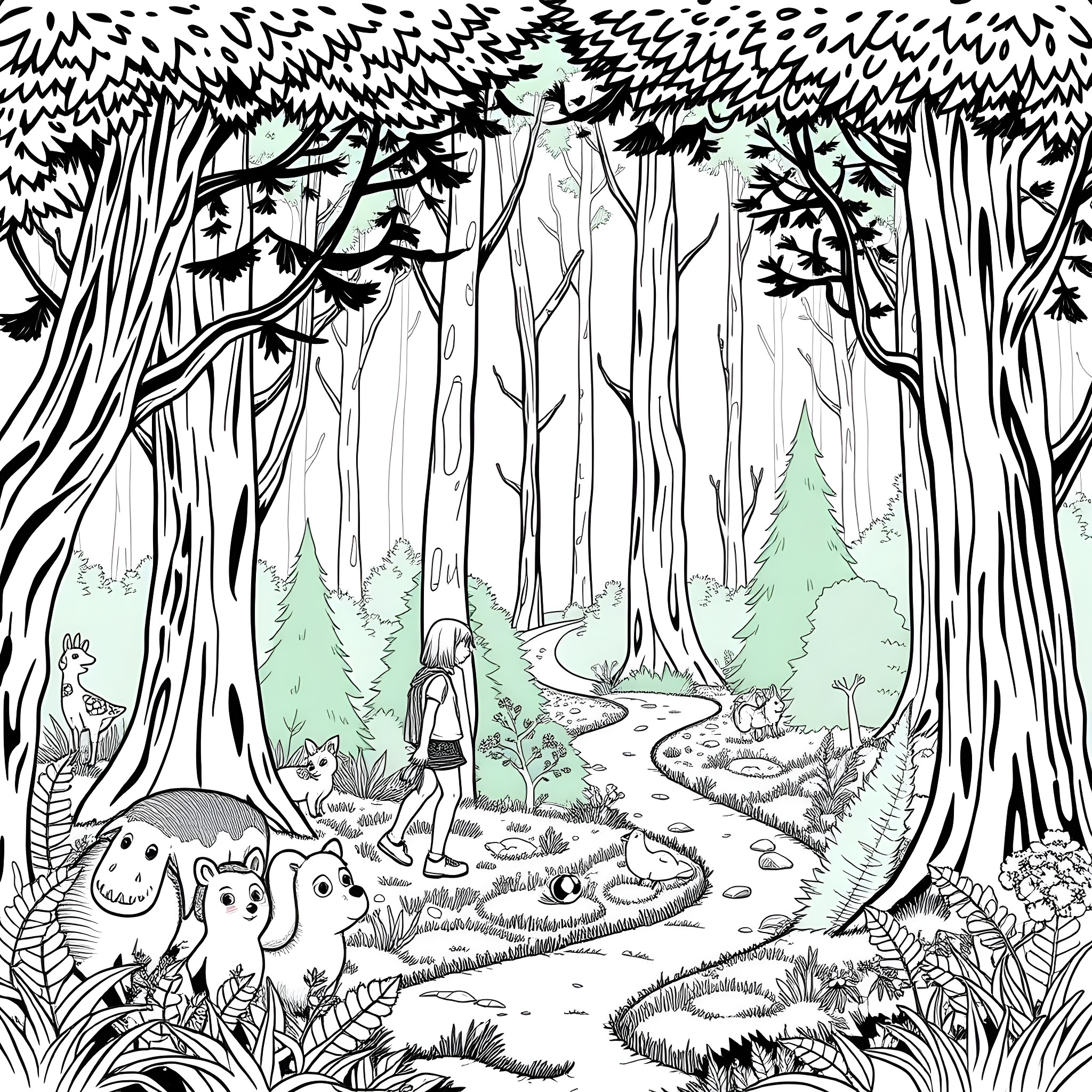 Girl exploring enchanted forest with woodland creatures Coloring Page (free black-and-white line drawing printable PDF for all, from beginners to advanced learners, including children, teens, adults, and seniors)