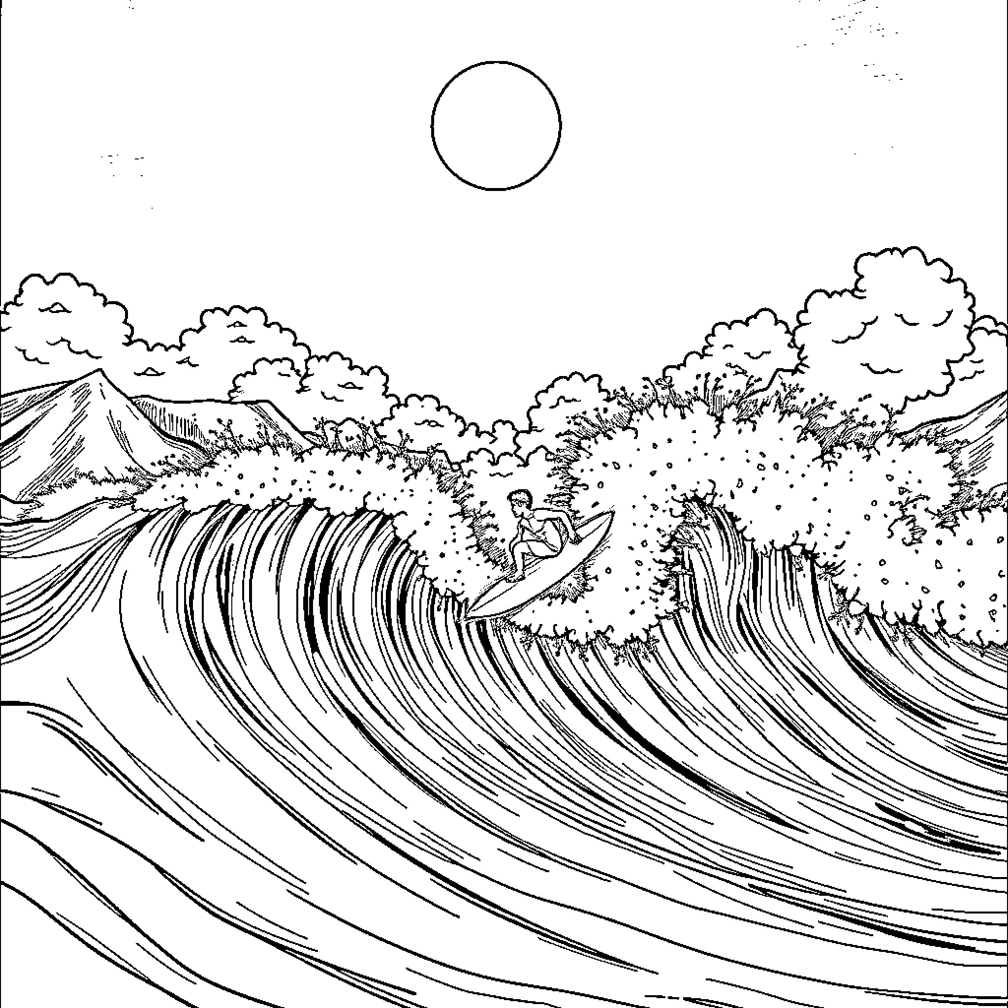 Surfboard riding on large ocean waves Coloring Page (free black-and-white line drawing printable PDF for all, from beginners to advanced learners, including children, teens, adults, and seniors)