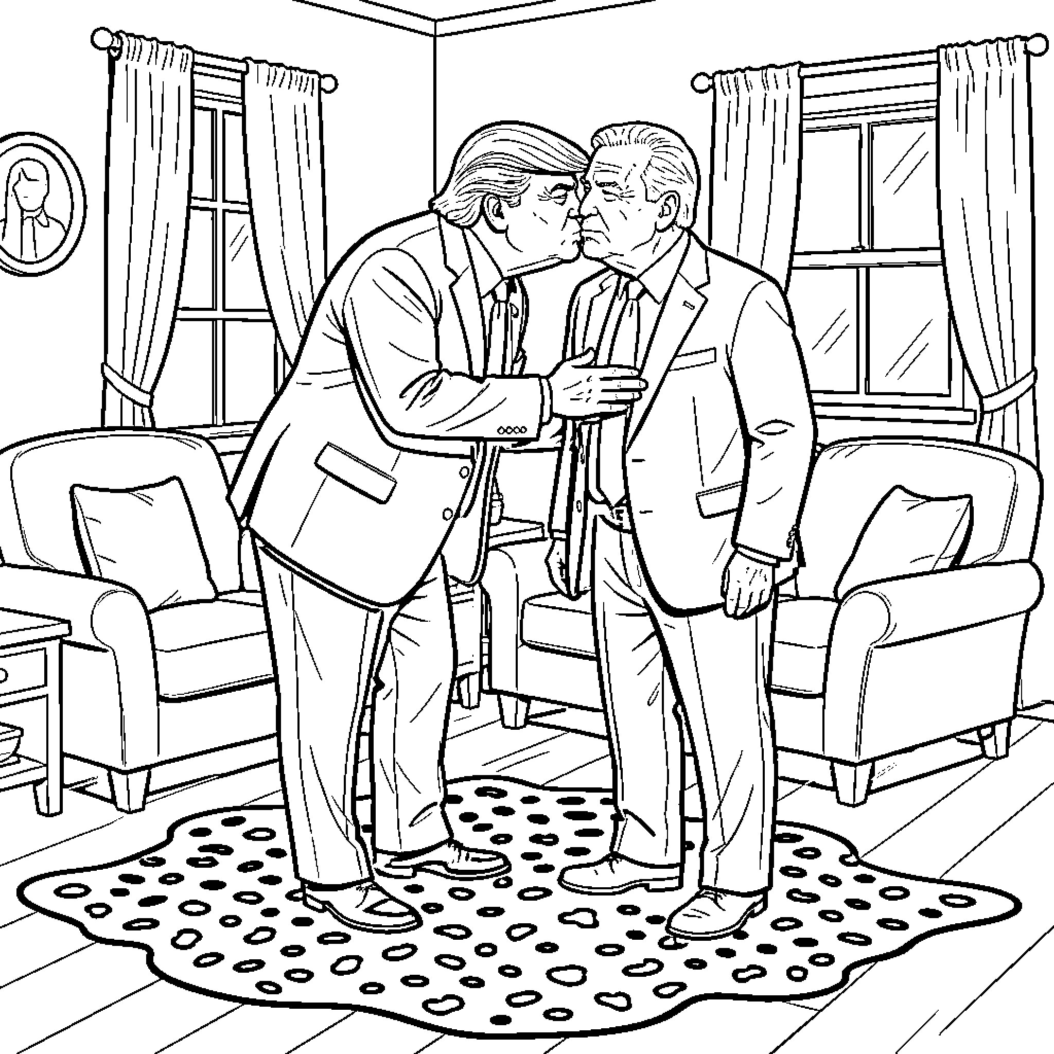 Trump leaning in to kiss another man Coloring Page (free black-and-white line drawing printable PDF for all, from beginners to advanced learners, including children, teens, adults, and seniors)