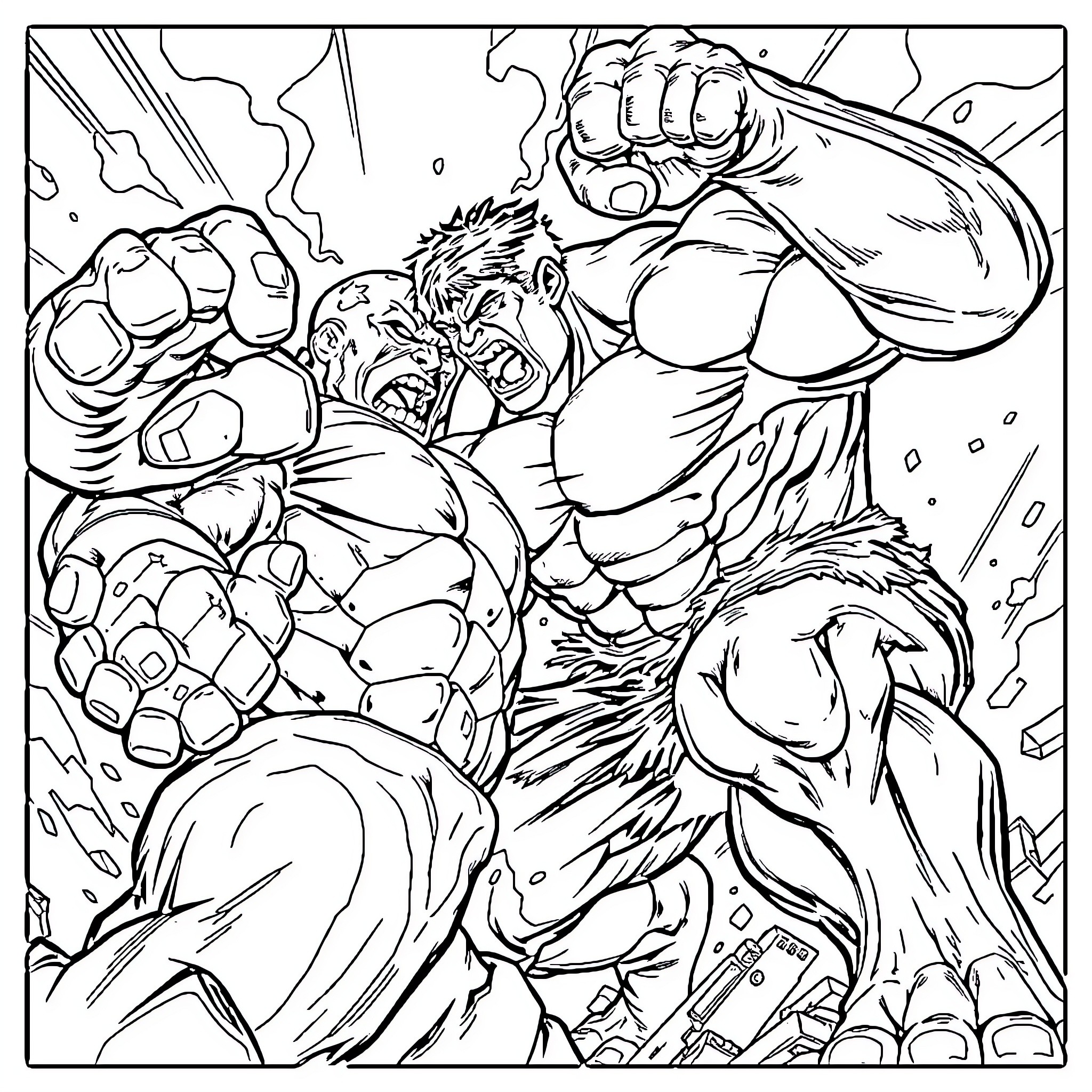 Hulk Smashing Through Debris and Obstacles Coloring Page (free black-and-white line drawing printable PDF for all, from beginners to advanced learners, including children, teens, adults, and seniors)
