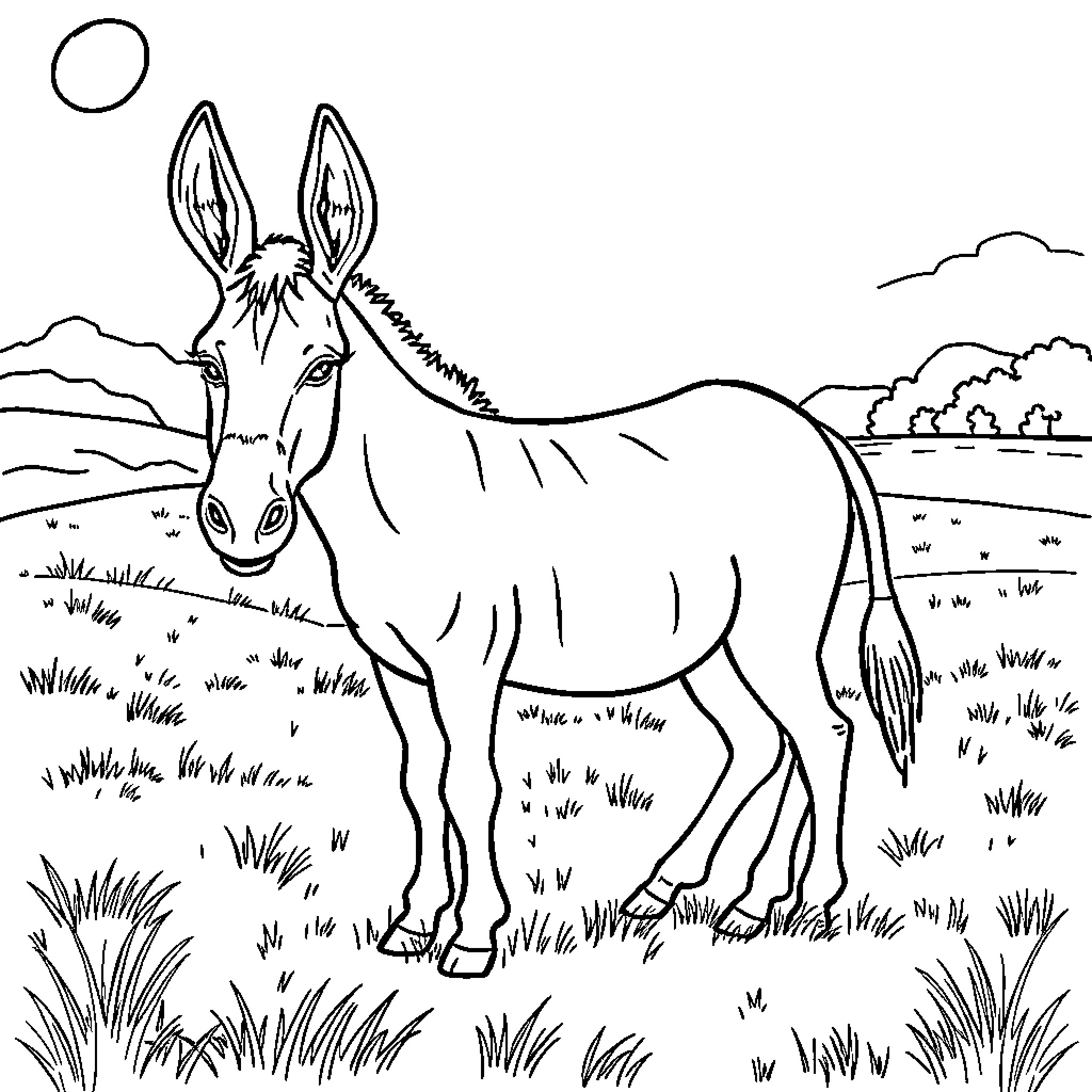 Donkey standing in a field with trees Coloring Page (free black-and-white line drawing printable PDF for all, from beginners to advanced learners, including children, teens, adults, and seniors)