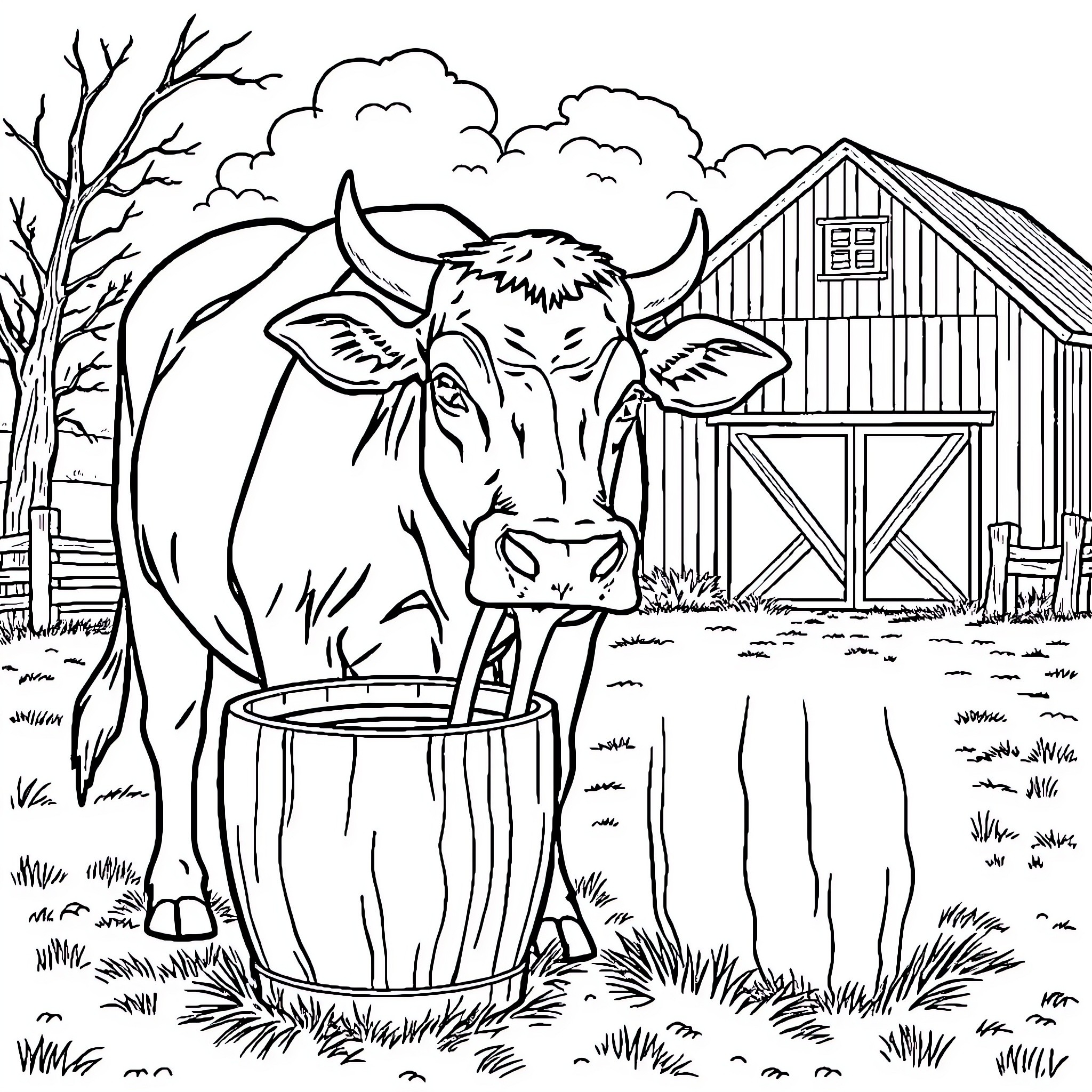 Cow drinking water in a rural farm setting Coloring Page (free black-and-white line drawing printable PDF for all, from beginners to advanced learners, including children, teens, adults, and seniors)