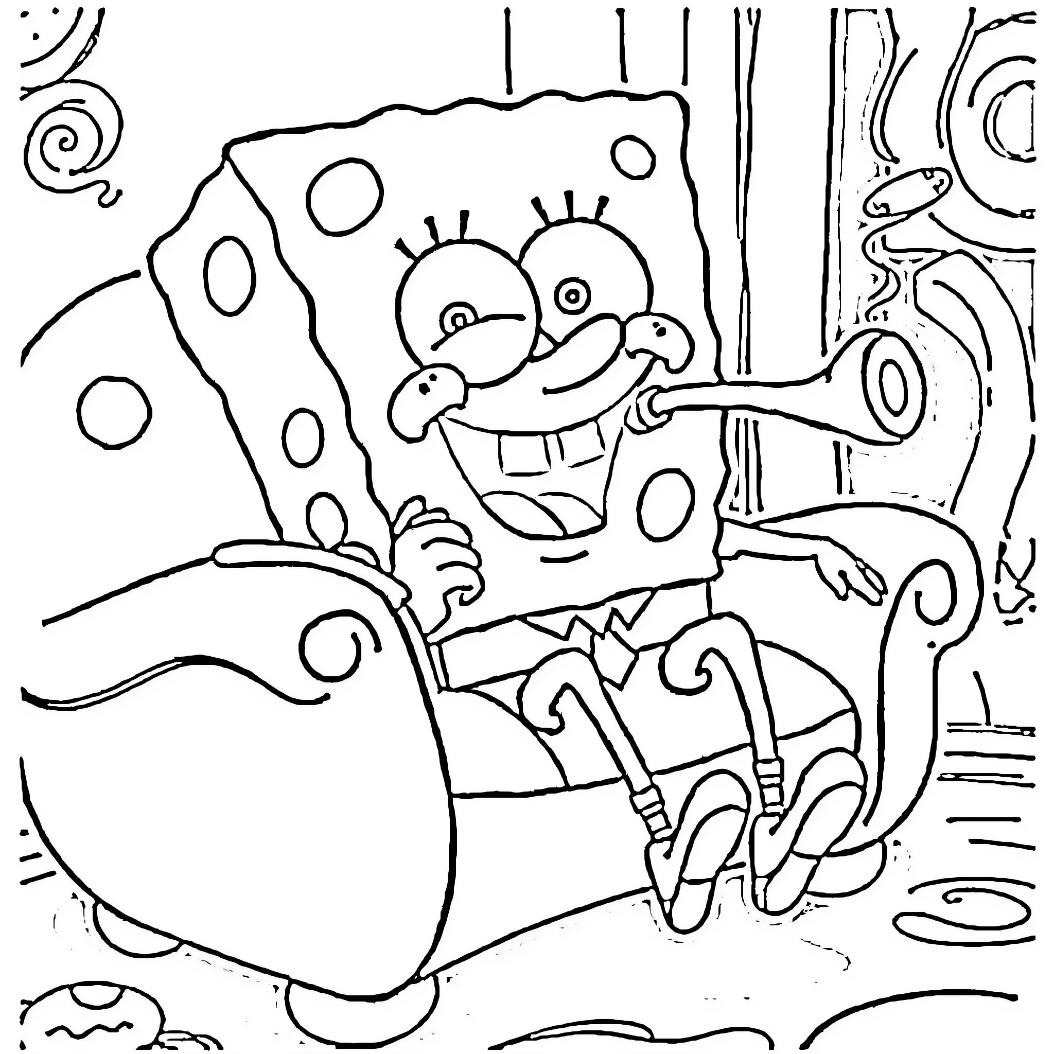 Spongebob in a silly and playful pose Coloring Page (free black-and-white line drawing printable PDF for all, from beginners to advanced learners, including children, teens, adults, and seniors)