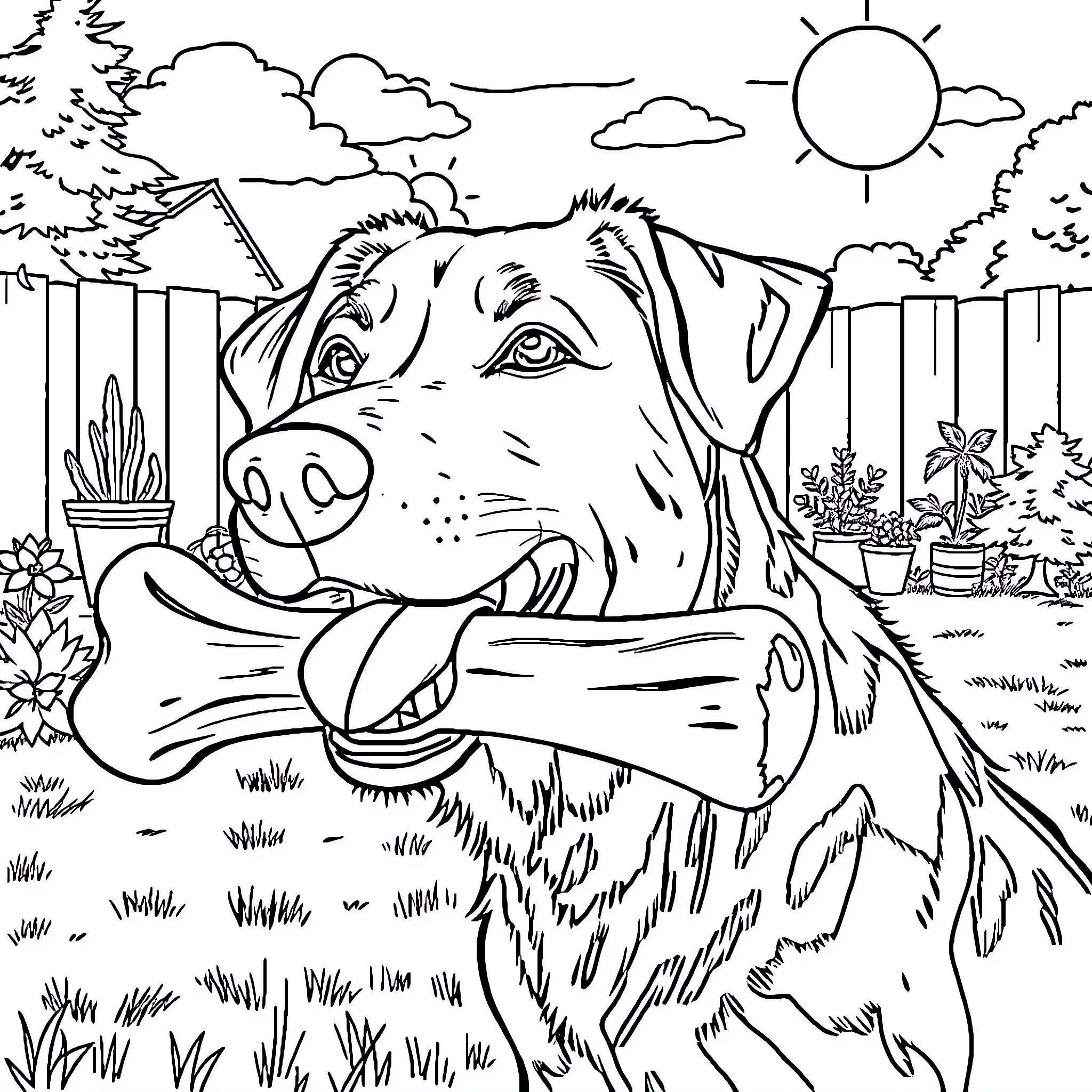 Dog playing happily with toy in backyard Coloring Page (free black-and-white line drawing printable PDF for all, from beginners to advanced learners, including children, teens, adults, and seniors)