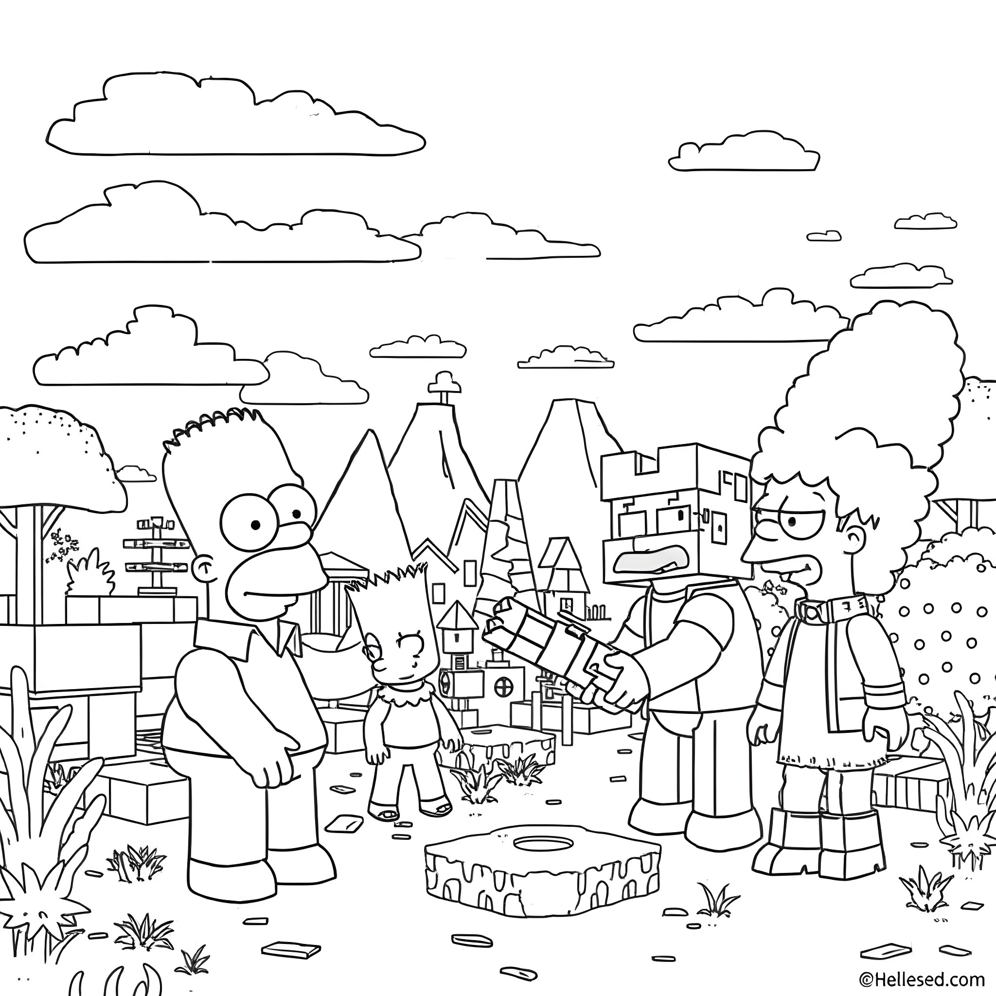 Character Gathering in a Whimsical Town Coloring Page (free black-and-white line drawing printable PDF for all, from beginners to advanced learners, including children, teens, adults, and seniors)