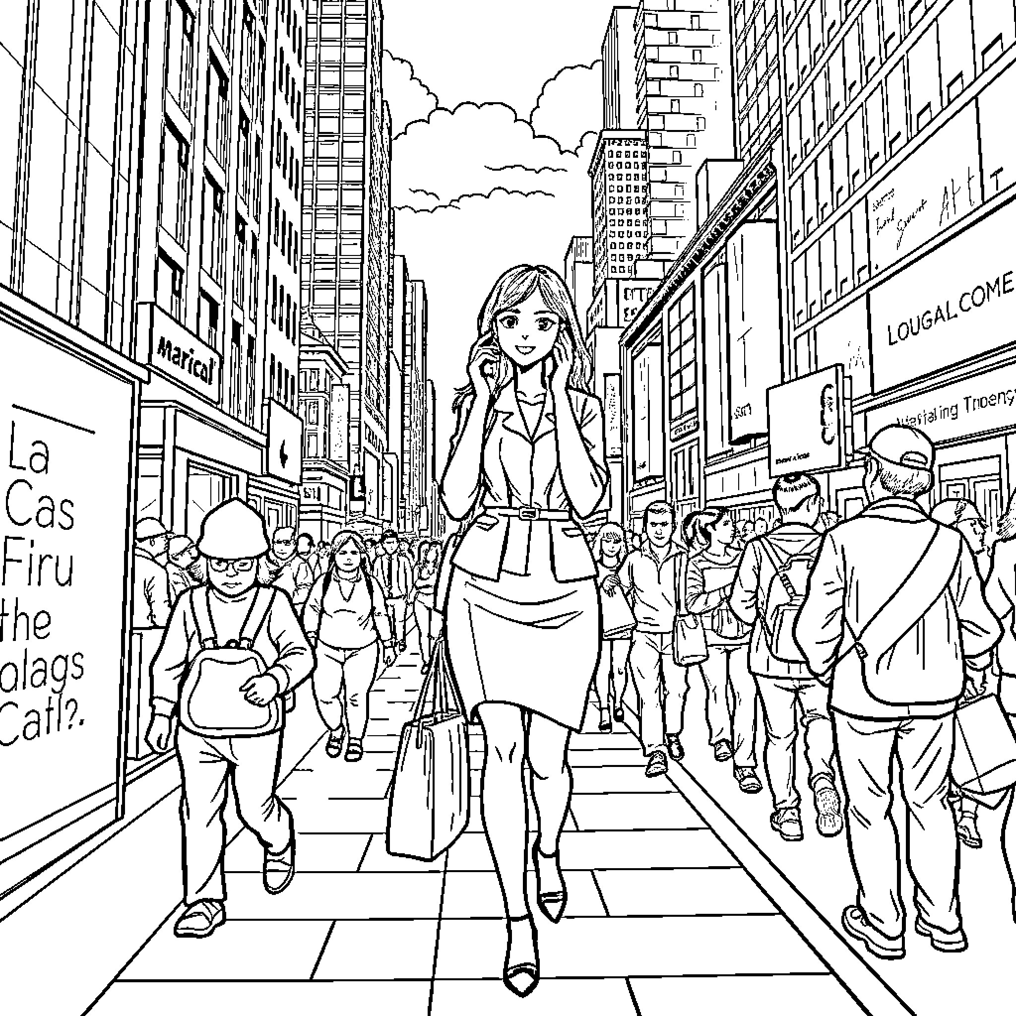 Girl walking through a busy city street Coloring Page (free black-and-white line drawing printable PDF for all, from beginners to advanced learners, including children, teens, adults, and seniors)