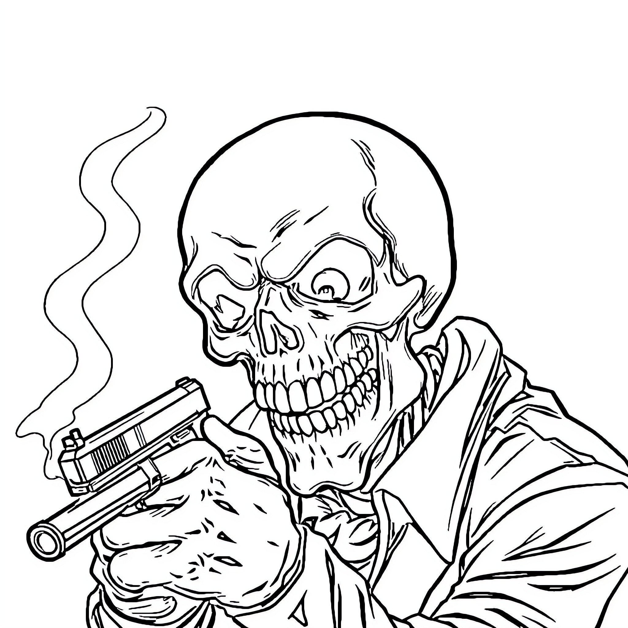 Skull holding a smoking gun Coloring Page (free black-and-white line drawing printable PDF for all, from beginners to advanced learners, including children, teens, adults, and seniors)