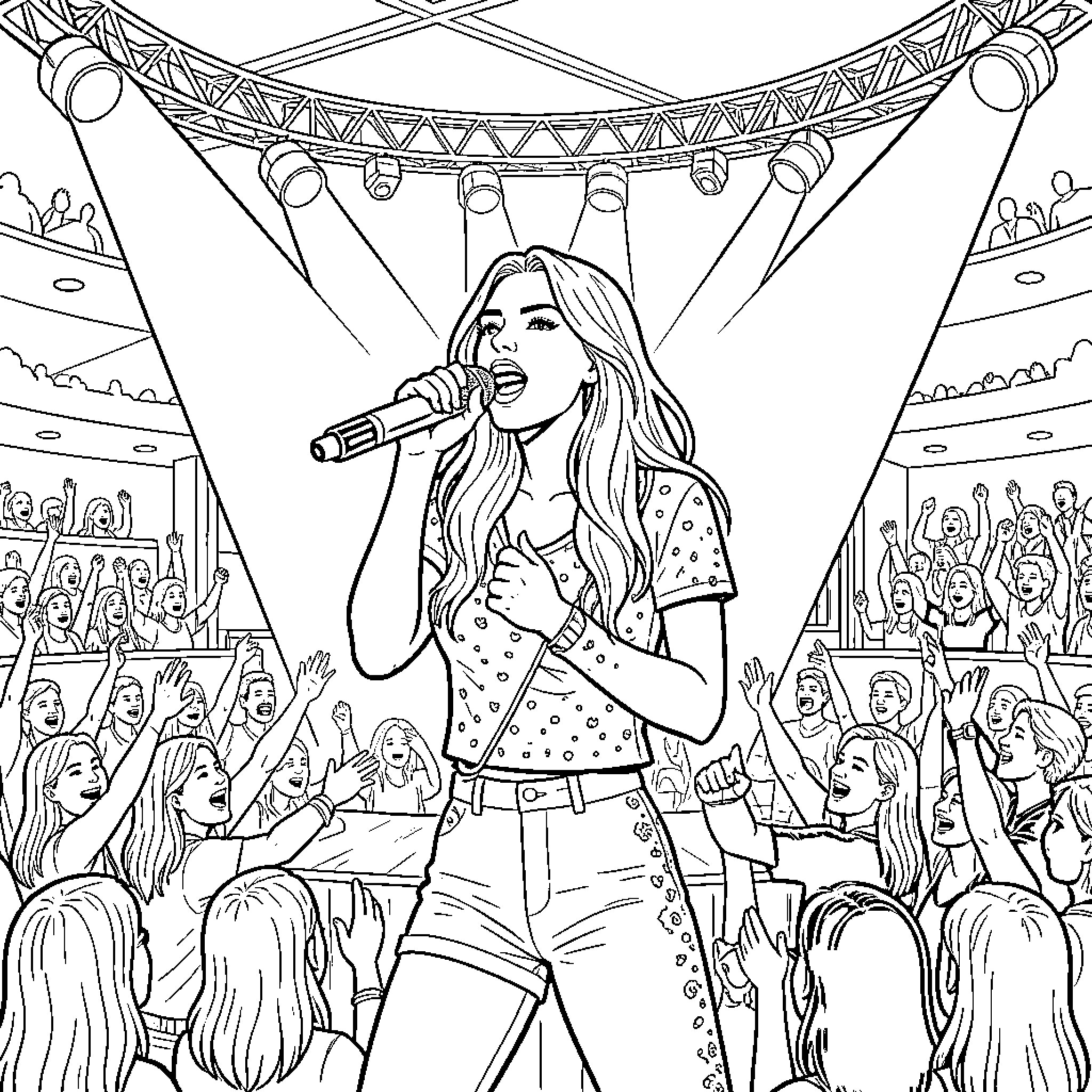 Zara Larsson singing into a microphone for a crowd Coloring Page (free black-and-white line drawing printable PDF for all, from beginners to advanced learners, including children, teens, adults, and seniors)