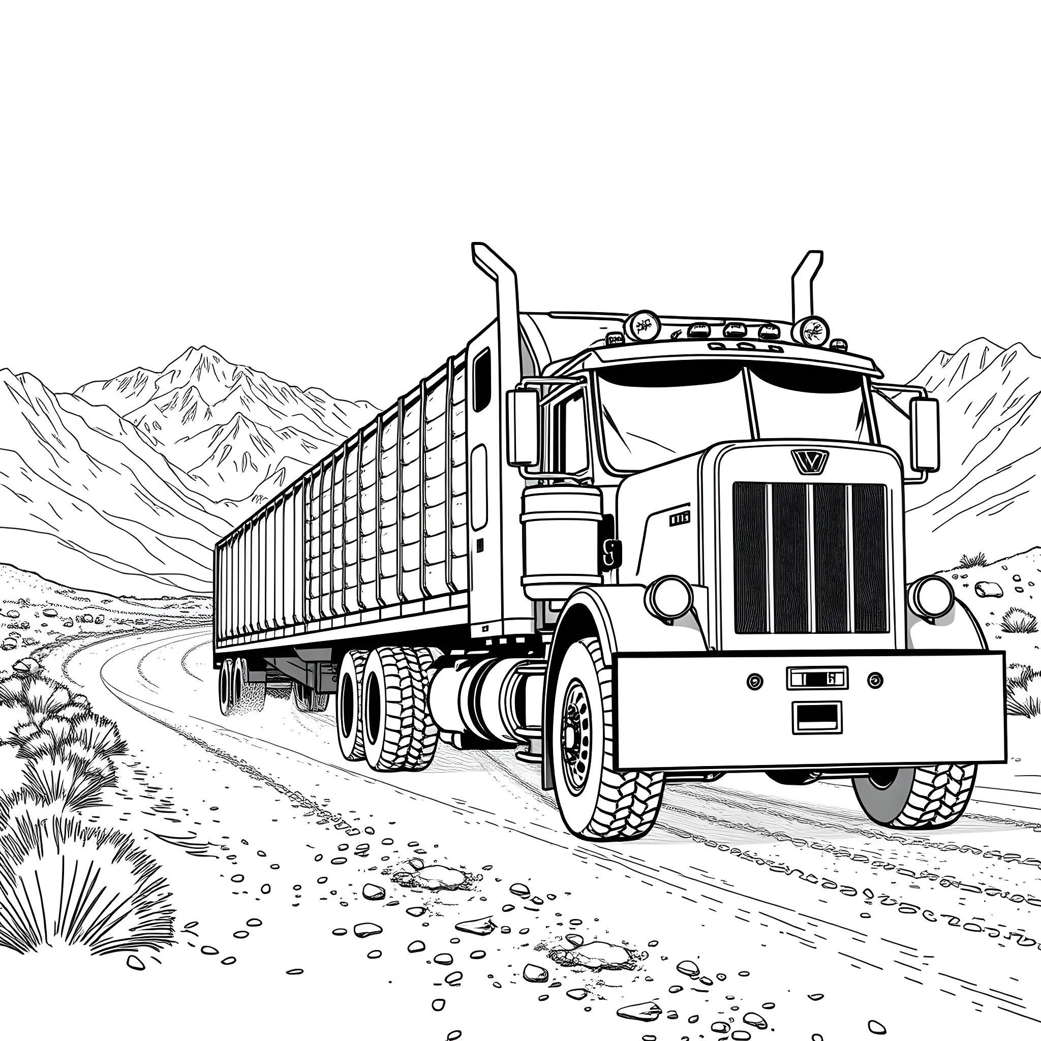 Hauler Traversing the Rugged Terrain Coloring Page (free black-and-white line drawing printable PDF for all, from beginners to advanced learners, including children, teens, adults, and seniors)