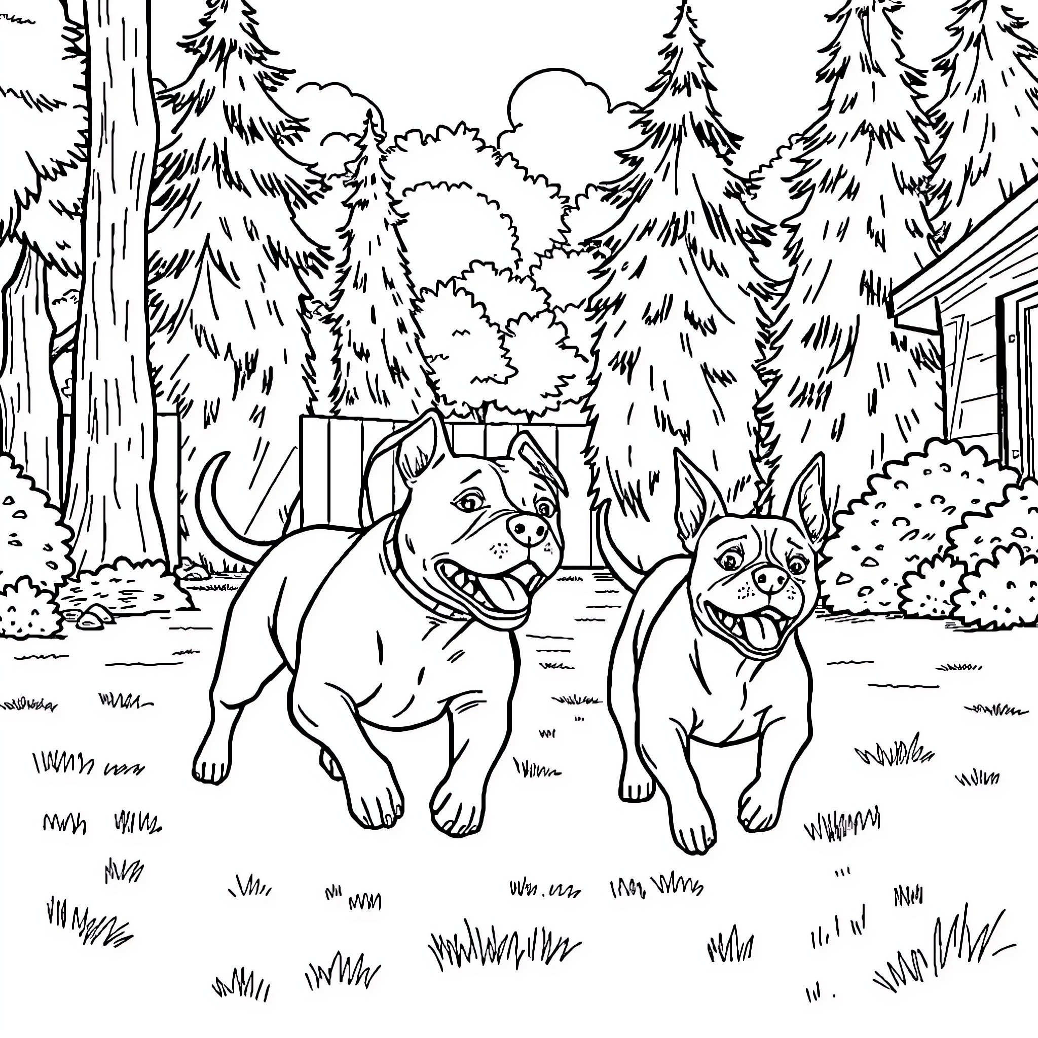 Dogs playing happily in the forest Coloring Page (free black-and-white line drawing printable PDF for all, from beginners to advanced learners, including children, teens, adults, and seniors)
