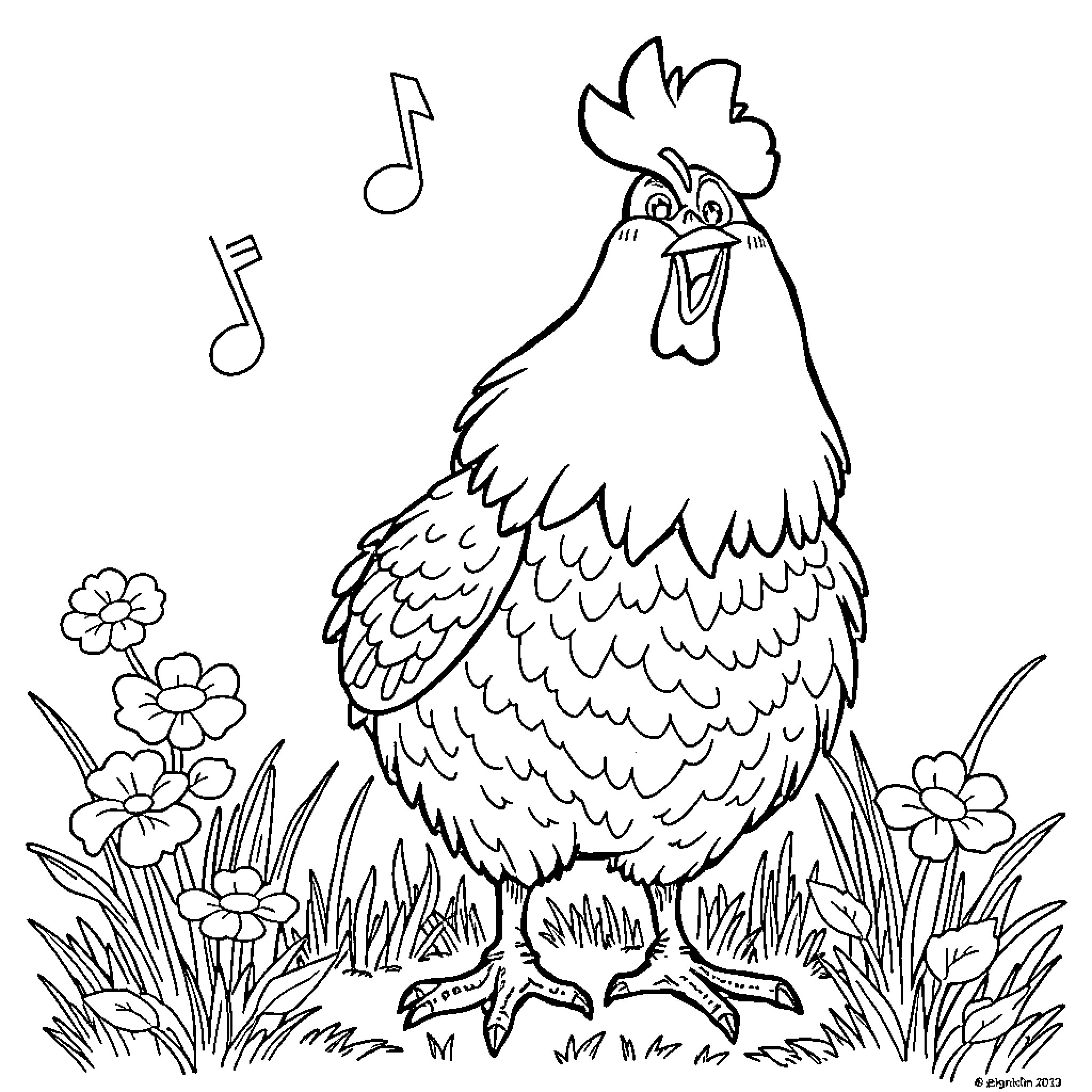 Rooster singing cheerfully in garden Coloring Page (free black-and-white line drawing printable PDF for all, from beginners to advanced learners, including children, teens, adults, and seniors)