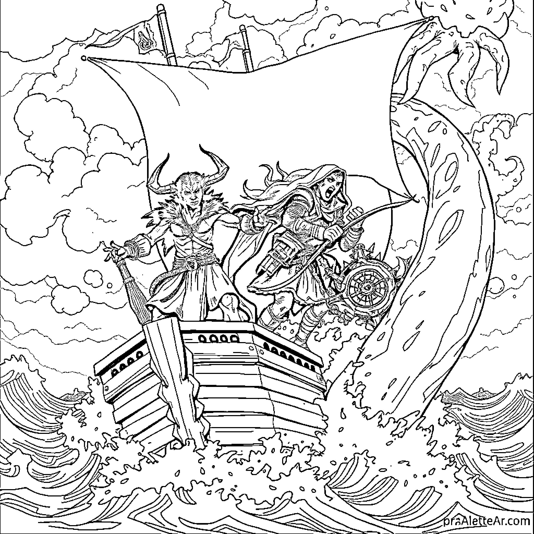 Kraken Unleashed: Monsters Battling on a Mighty Ship Coloring Page (free black-and-white line drawing printable PDF for all, from beginners to advanced learners, including children, teens, adults, and seniors)