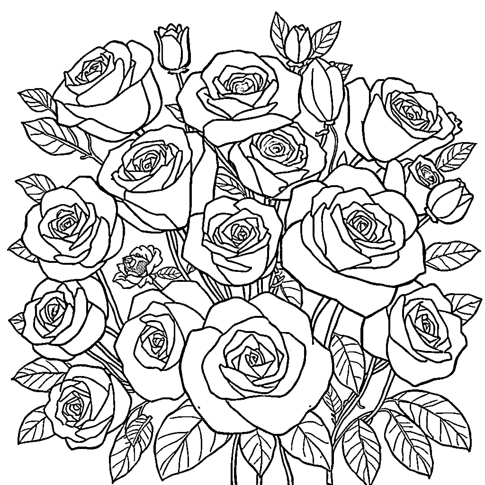 Rose Bouquet with Intricate Floral Details Coloring Page (free black-and-white line drawing printable PDF for all, from beginners to advanced learners, including children, teens, adults, and seniors)