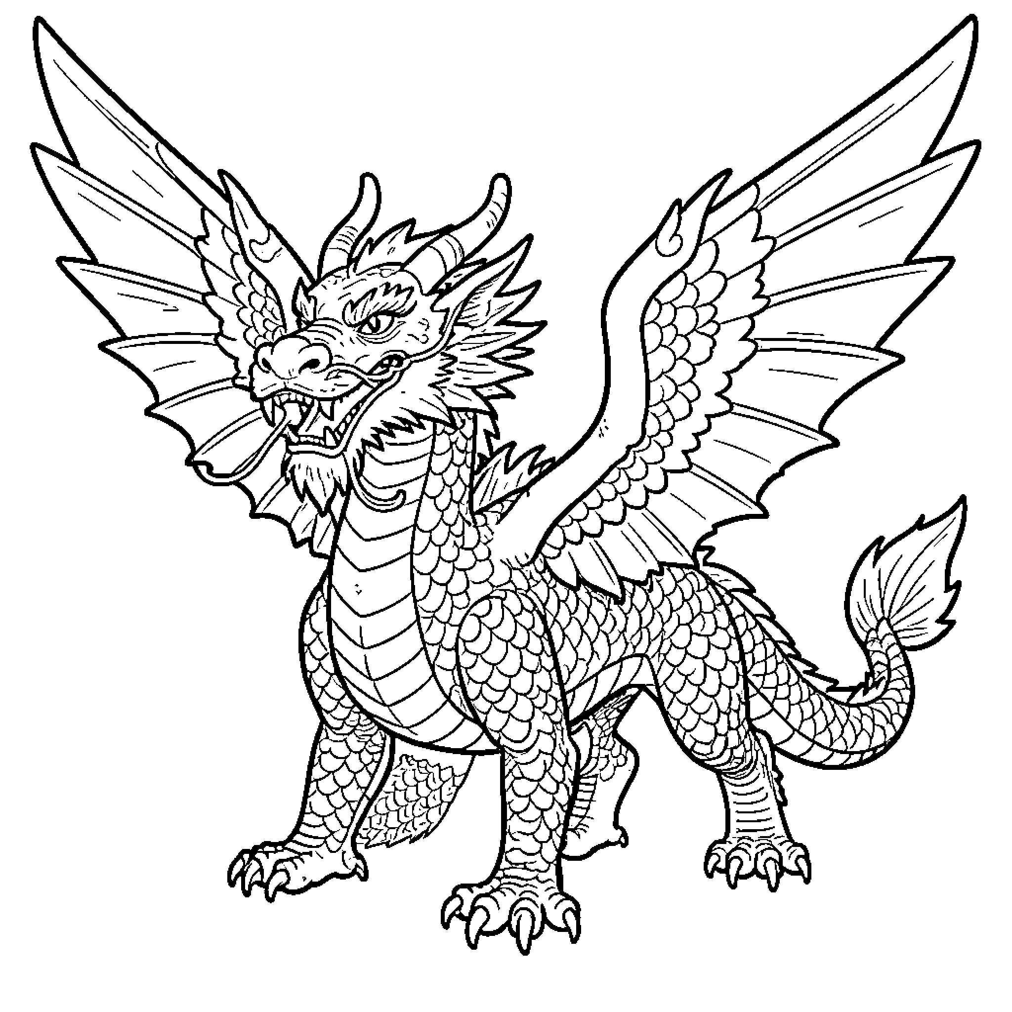 Dragon with Detailed Ferocious Features Coloring Page (free black-and-white line drawing printable PDF for all, from beginners to advanced learners, including children, teens, adults, and seniors)
