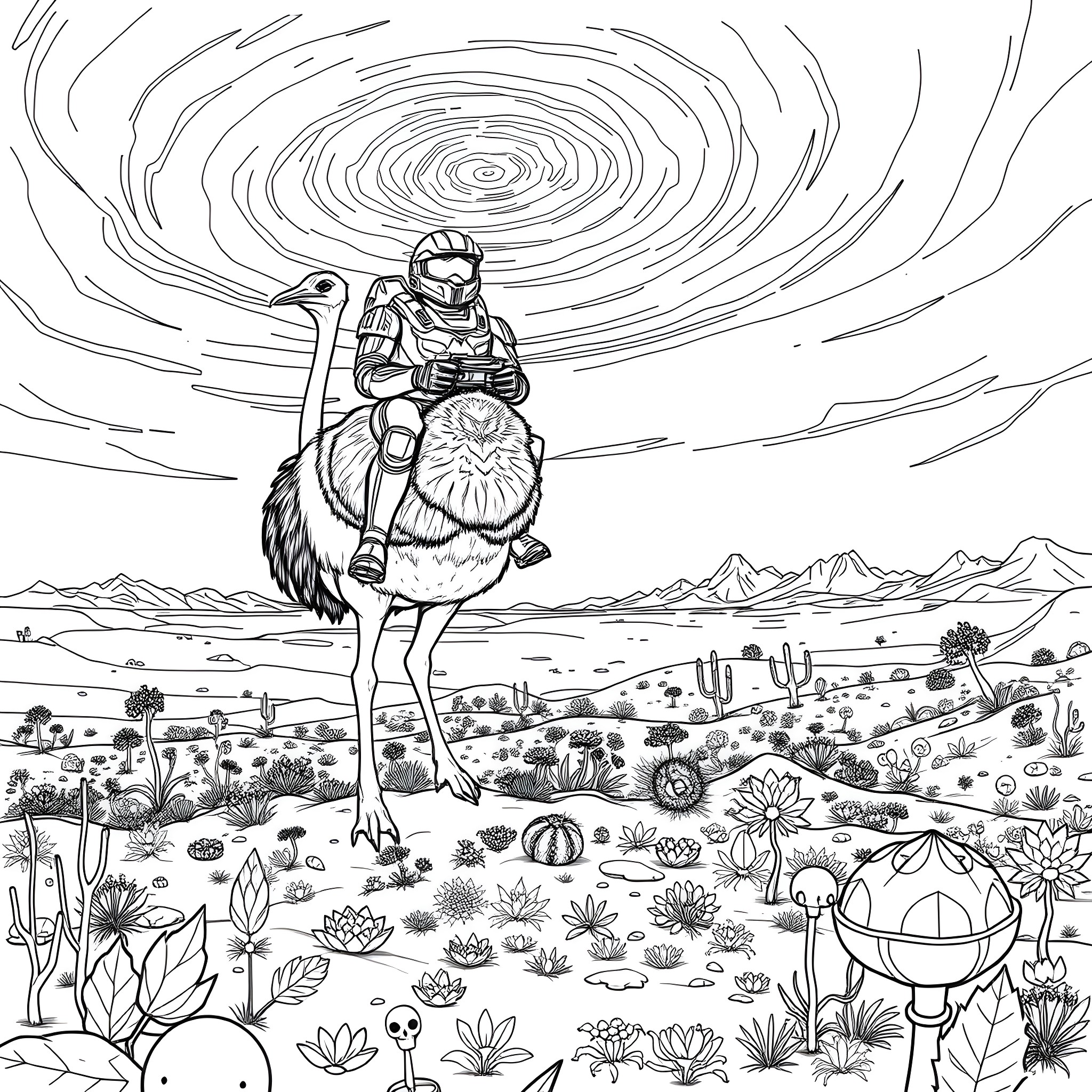 Master Chief riding a giant feathered beast through a surreal alien landscape Coloring Page (free black-and-white line drawing printable PDF for all, from beginners to advanced learners, including children, teens, adults, and seniors)