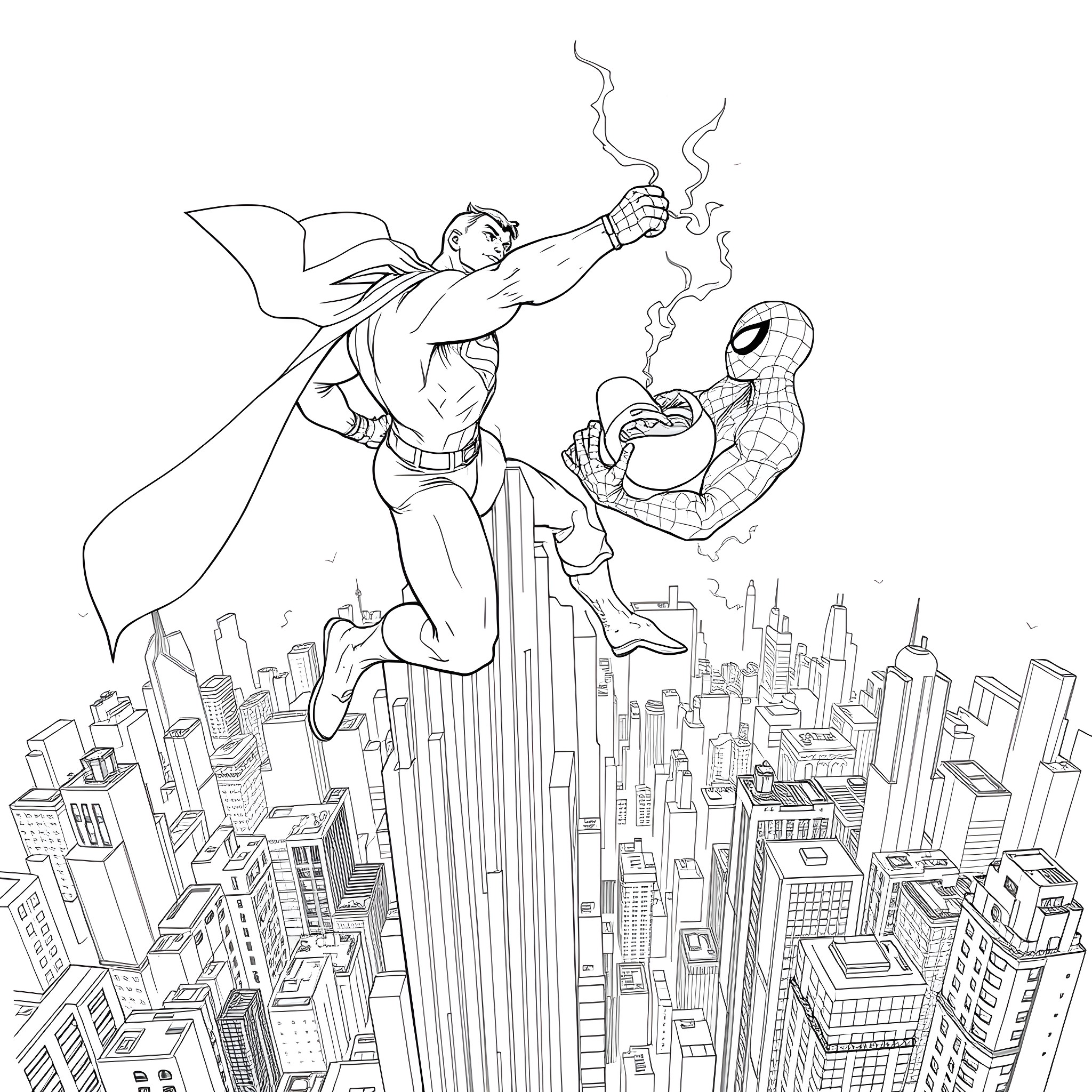 Superman heroically battles a foe in the city Coloring Page (free black-and-white line drawing printable PDF for all, from beginners to advanced learners, including children, teens, adults, and seniors)