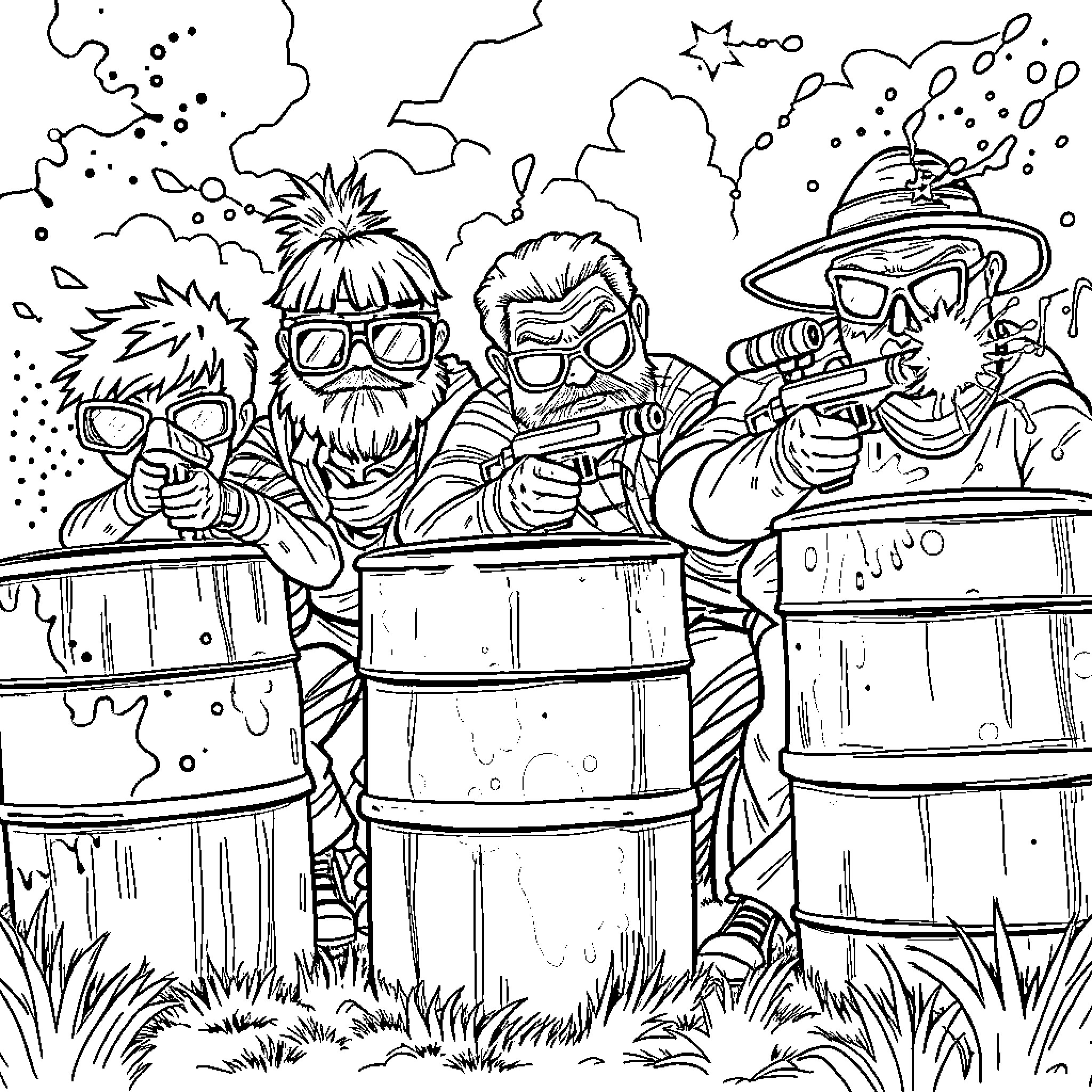 Ruckus of Mischievous Masked Figures with Drums Coloring Page (free black-and-white line drawing printable PDF for all, from beginners to advanced learners, including children, teens, adults, and seniors)