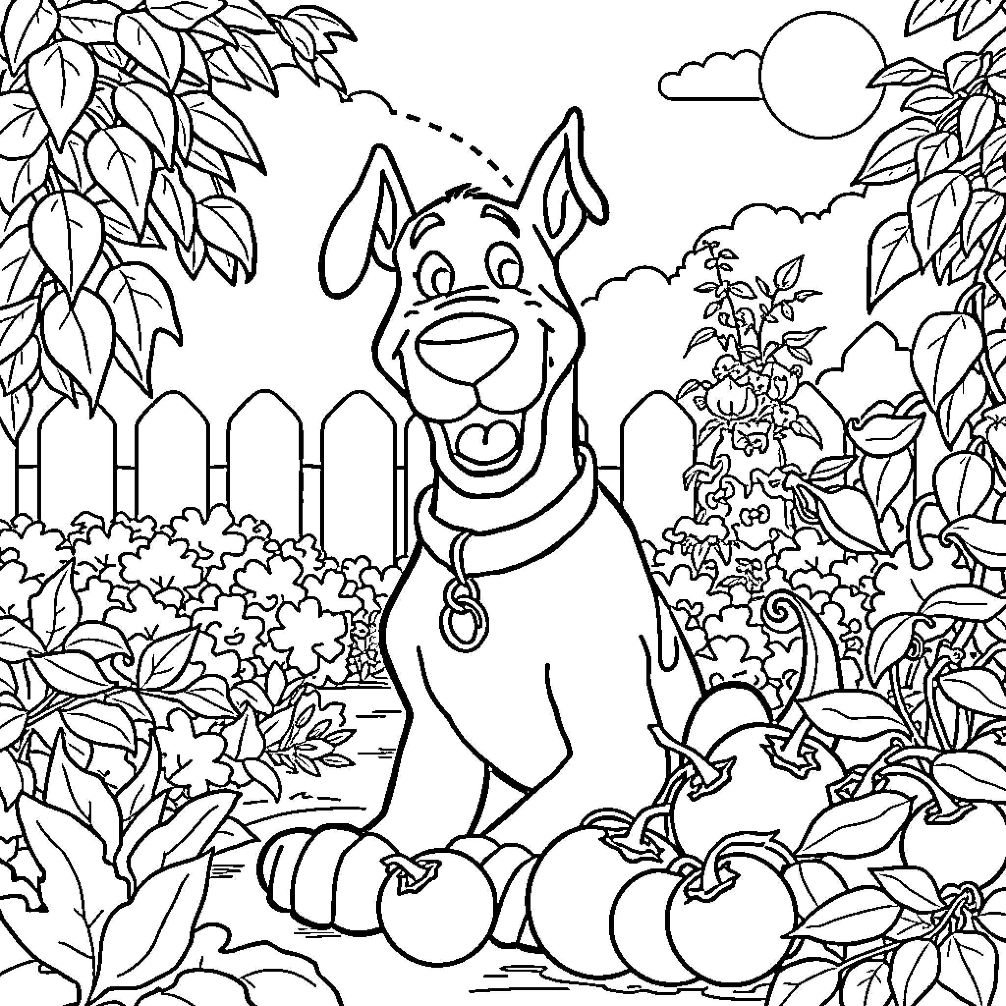 Scooby Doo exploring a lush garden Coloring Page (free black-and-white line drawing printable PDF for all, from beginners to advanced learners, including children, teens, adults, and seniors)
