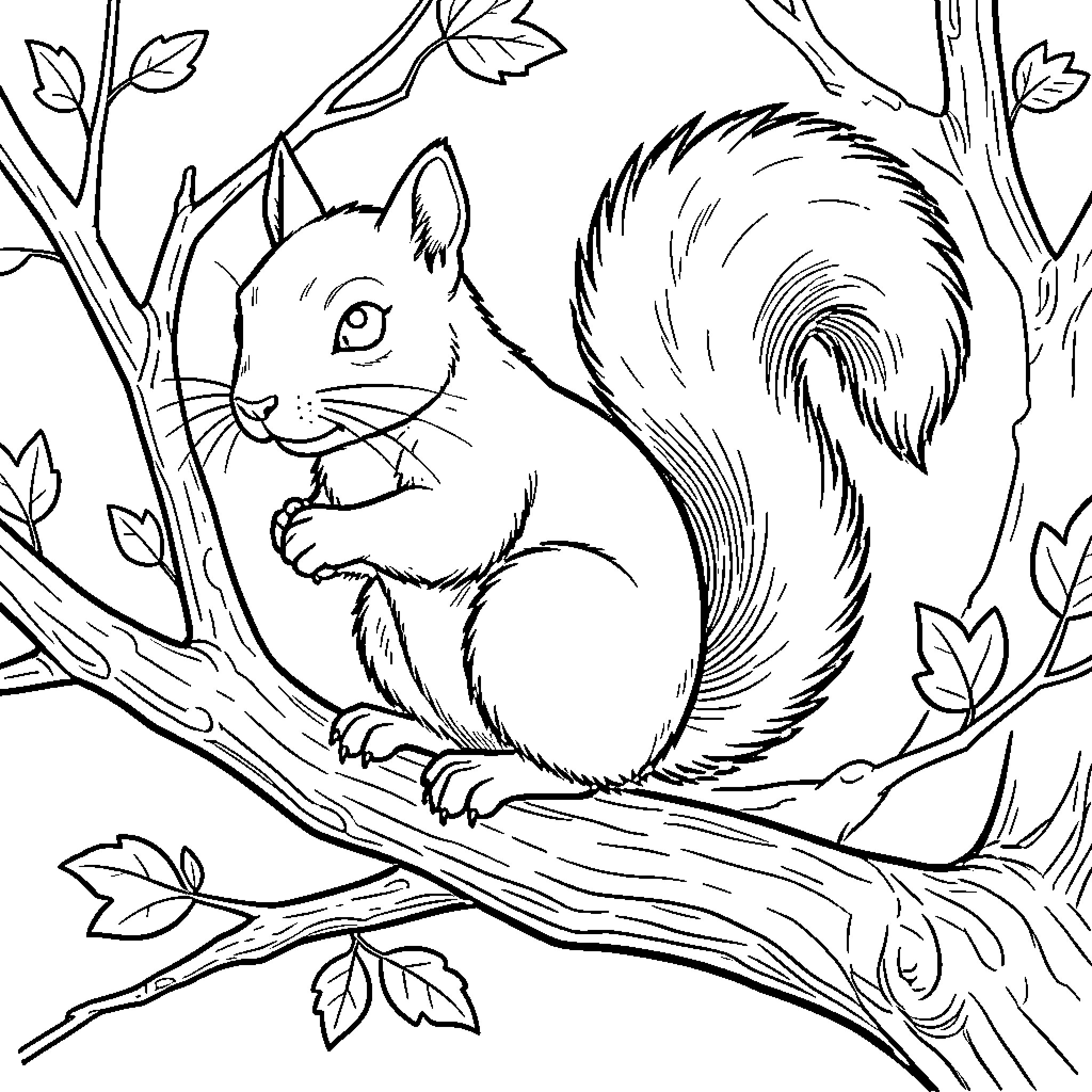 Squirrel resting on a tree branch Coloring Page (free black-and-white line drawing printable PDF for all, from beginners to advanced learners, including children, teens, adults, and seniors)