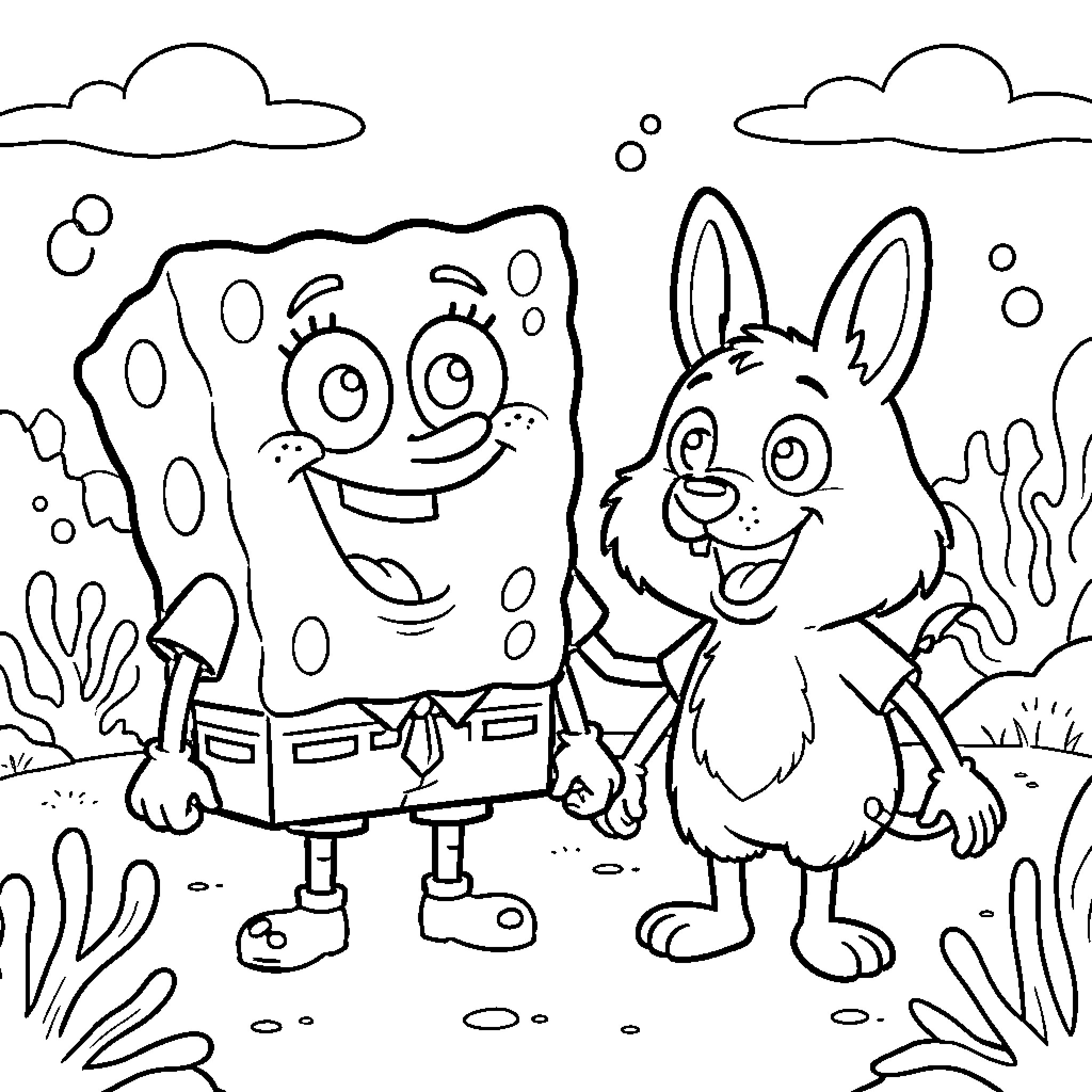 Spongebob smiling and holding hands with a rabbit Coloring Page (free black-and-white line drawing printable PDF for all, from beginners to advanced learners, including children, teens, adults, and seniors)